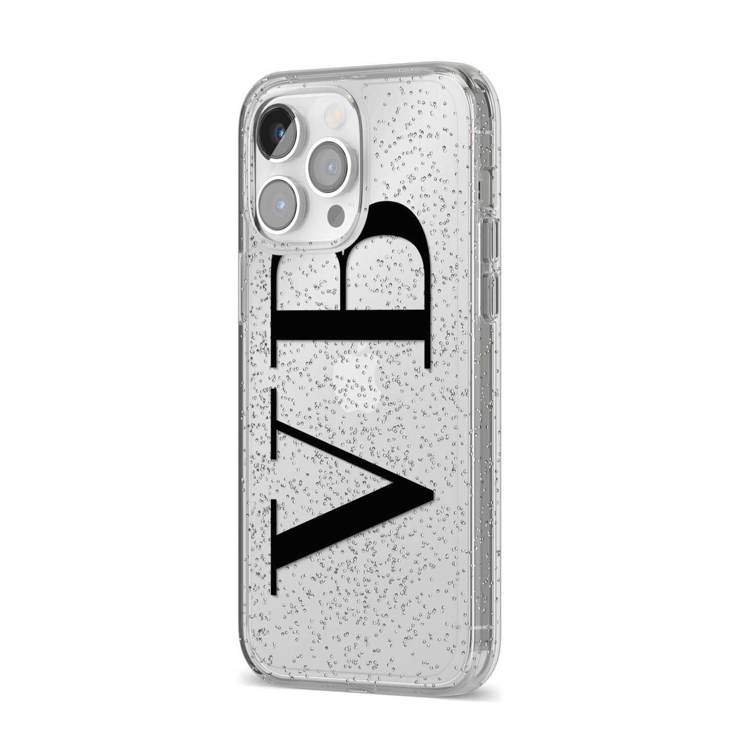 Personalised Black Initials Customised Clear iPhone 14 Pro Max Glitter Tough Case Silver Angled Image