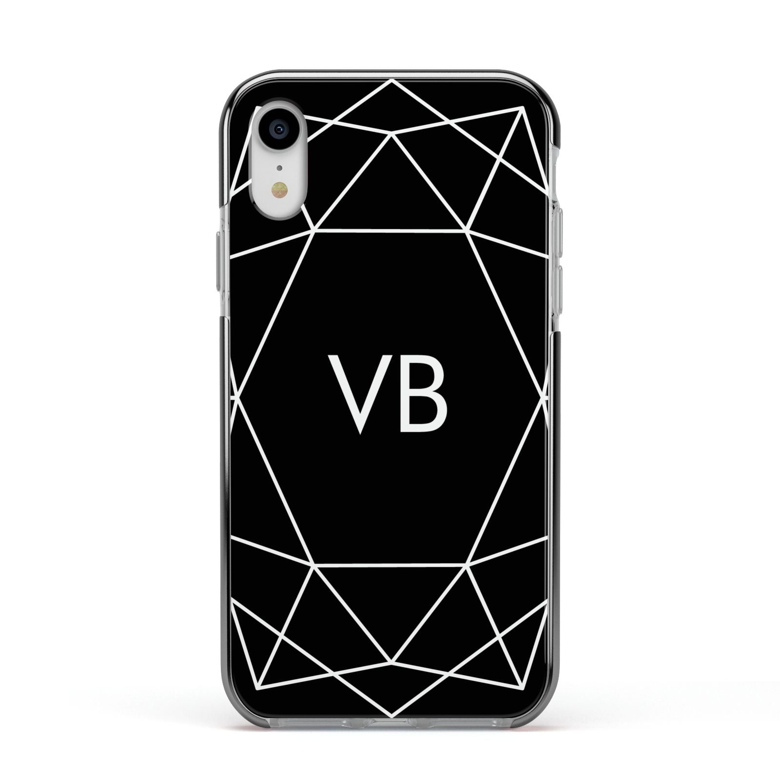 Personalised Black Initials Geometric Apple iPhone XR Impact Case Black Edge on Silver Phone