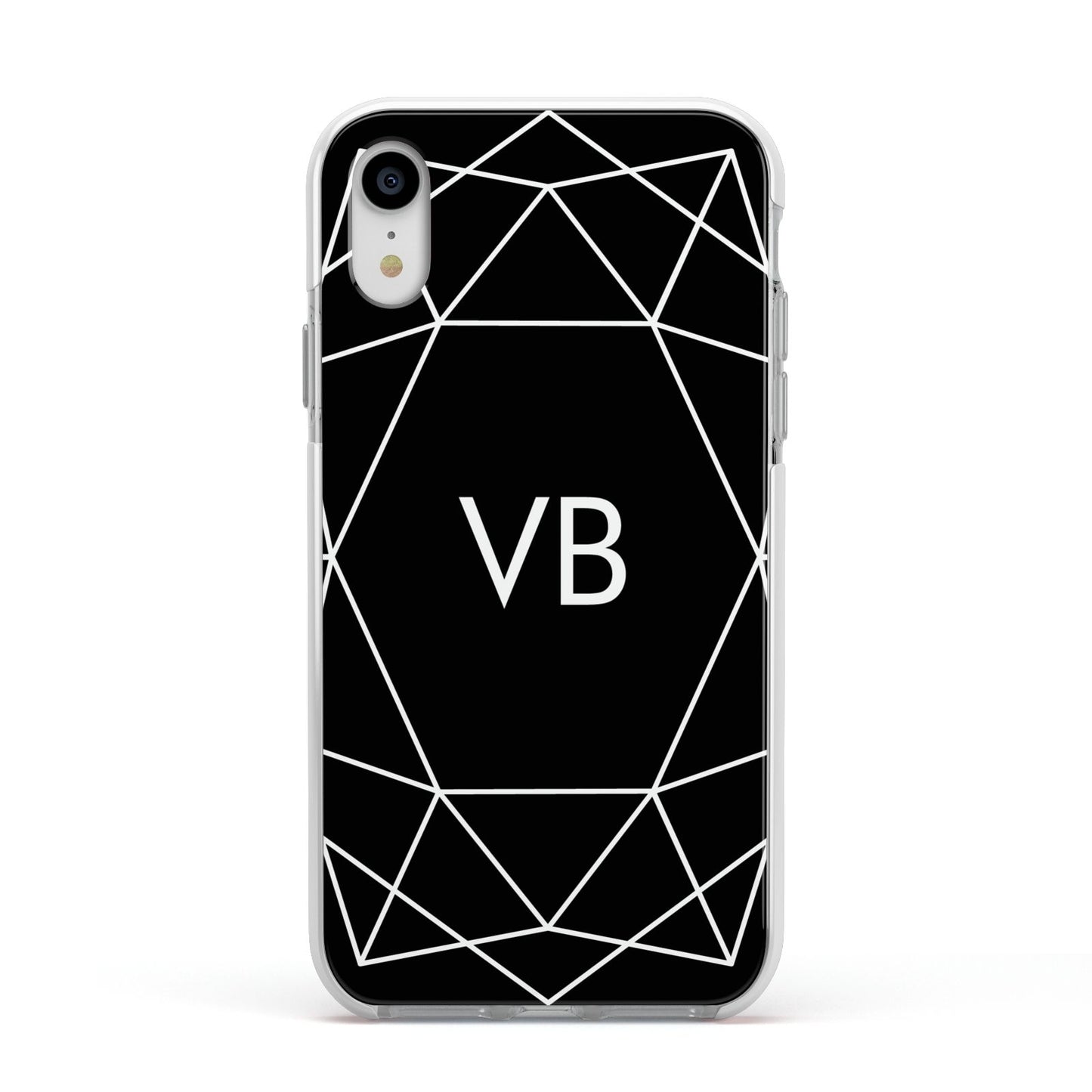 Personalised Black Initials Geometric Apple iPhone XR Impact Case White Edge on Silver Phone