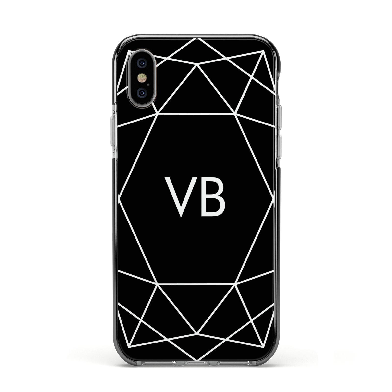 Personalised Black Initials Geometric Apple iPhone Xs Impact Case Black Edge on Silver Phone