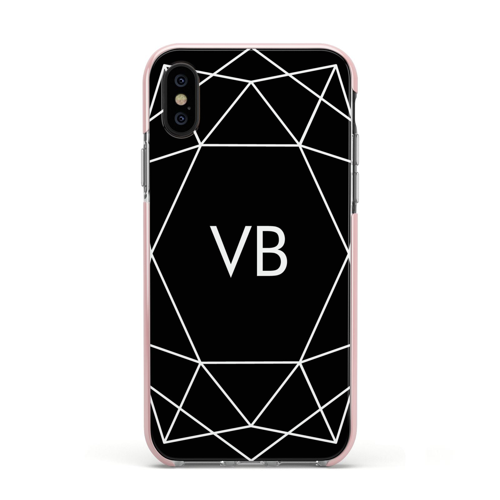 Personalised Black Initials Geometric Apple iPhone Xs Impact Case Pink Edge on Black Phone