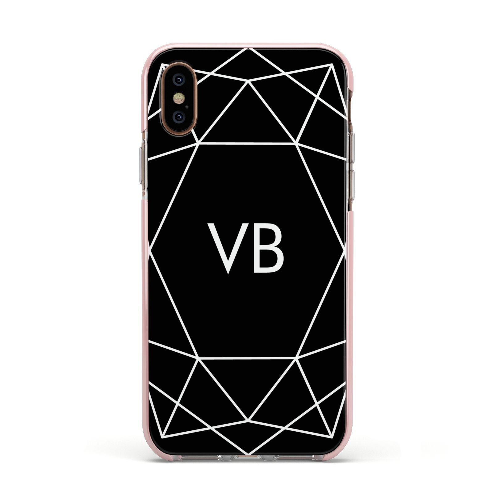 Personalised Black Initials Geometric Apple iPhone Xs Impact Case Pink Edge on Gold Phone