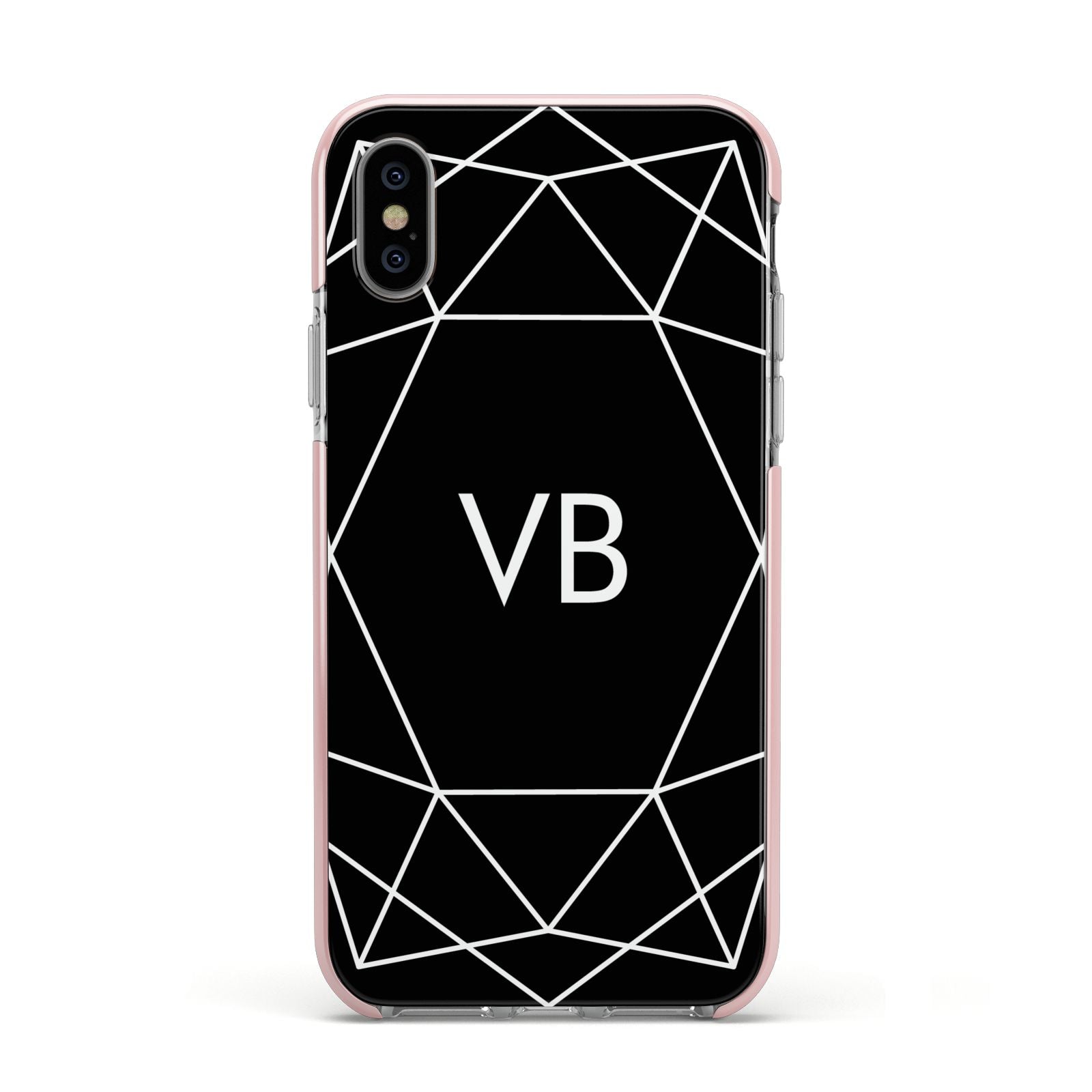 Personalised Black Initials Geometric Apple iPhone Xs Impact Case Pink Edge on Silver Phone