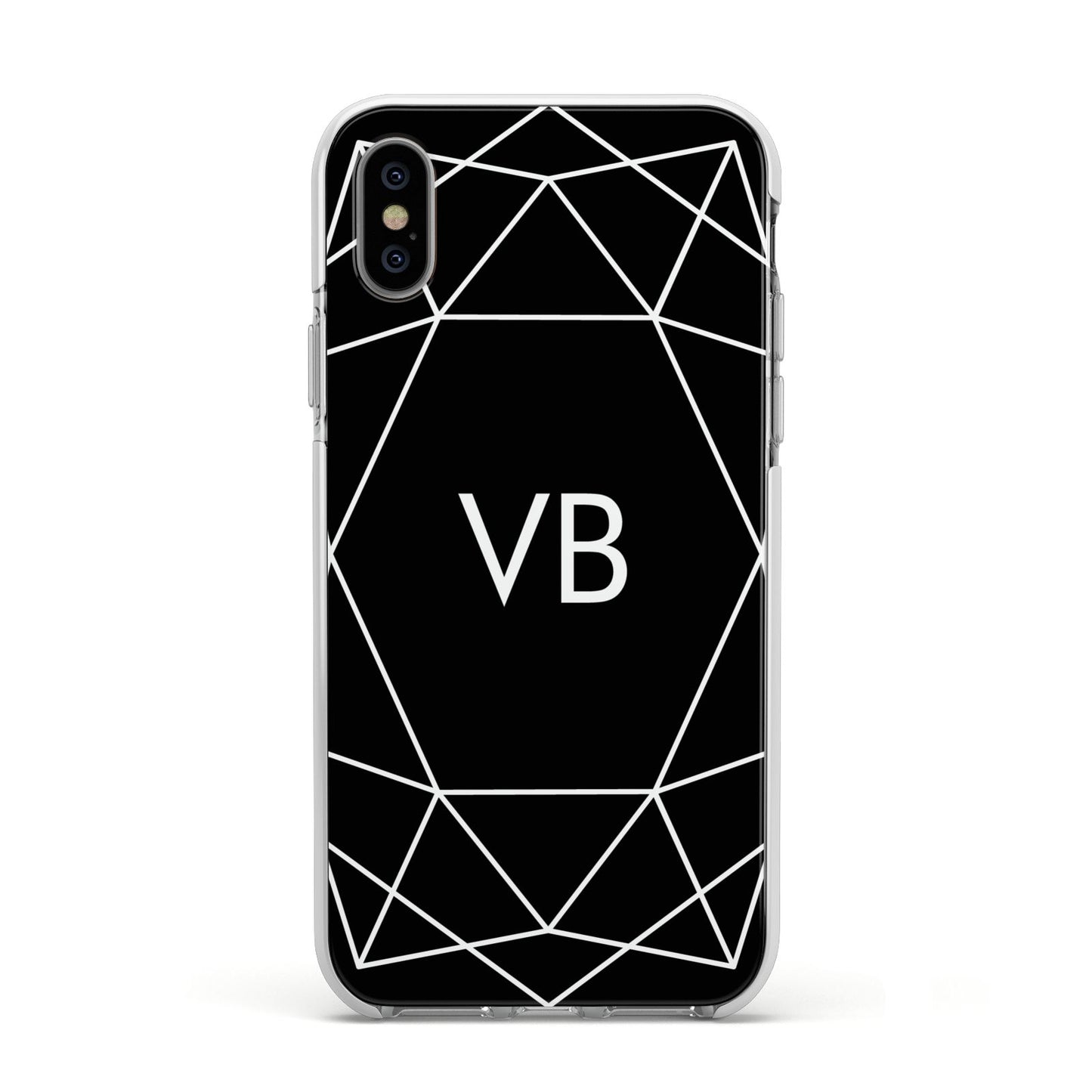 Personalised Black Initials Geometric Apple iPhone Xs Impact Case White Edge on Silver Phone