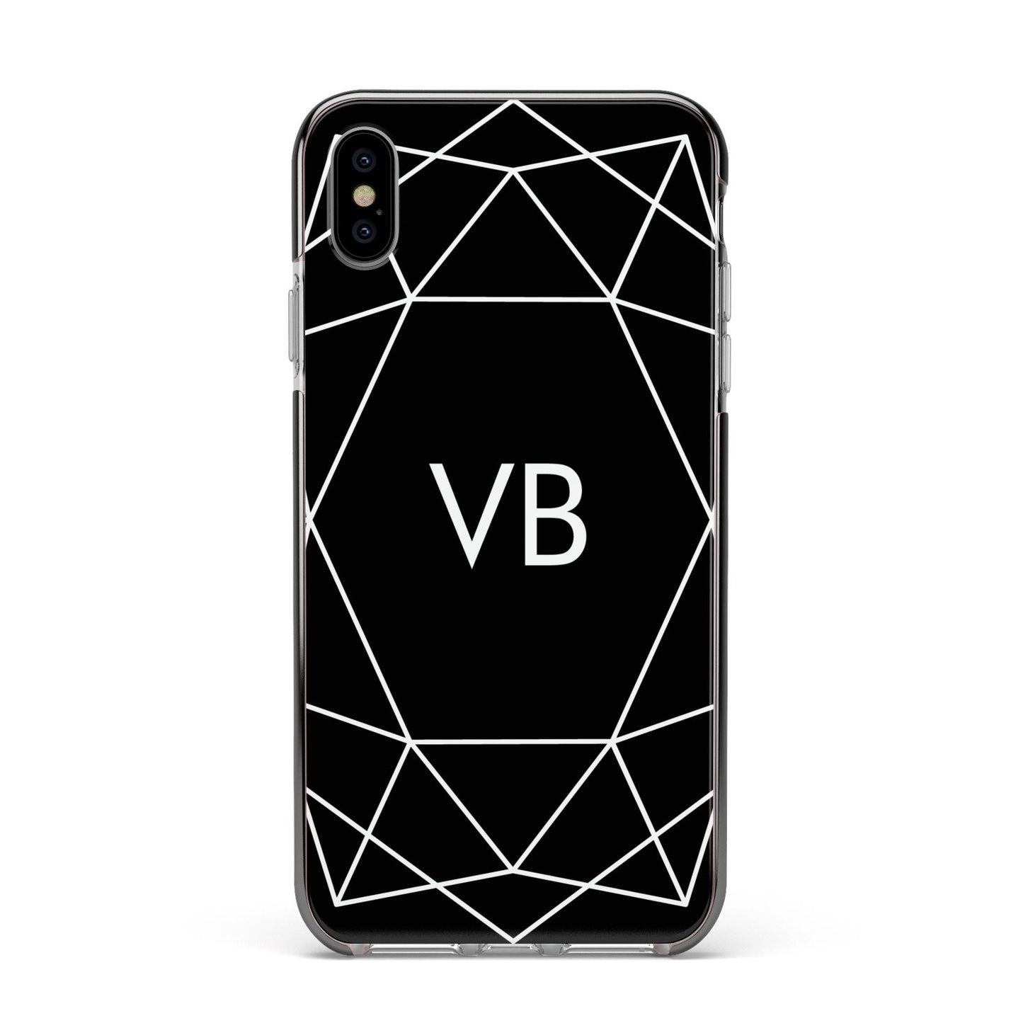 Personalised Black Initials Geometric Apple iPhone Xs Max Impact Case Black Edge on Silver Phone