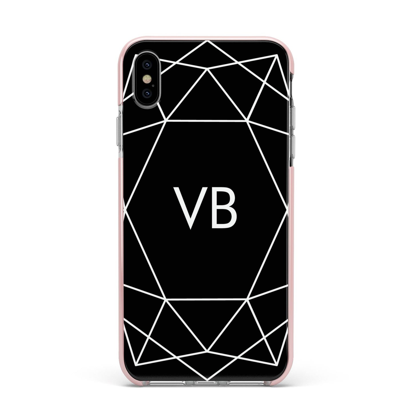 Personalised Black Initials Geometric Apple iPhone Xs Max Impact Case Pink Edge on Silver Phone