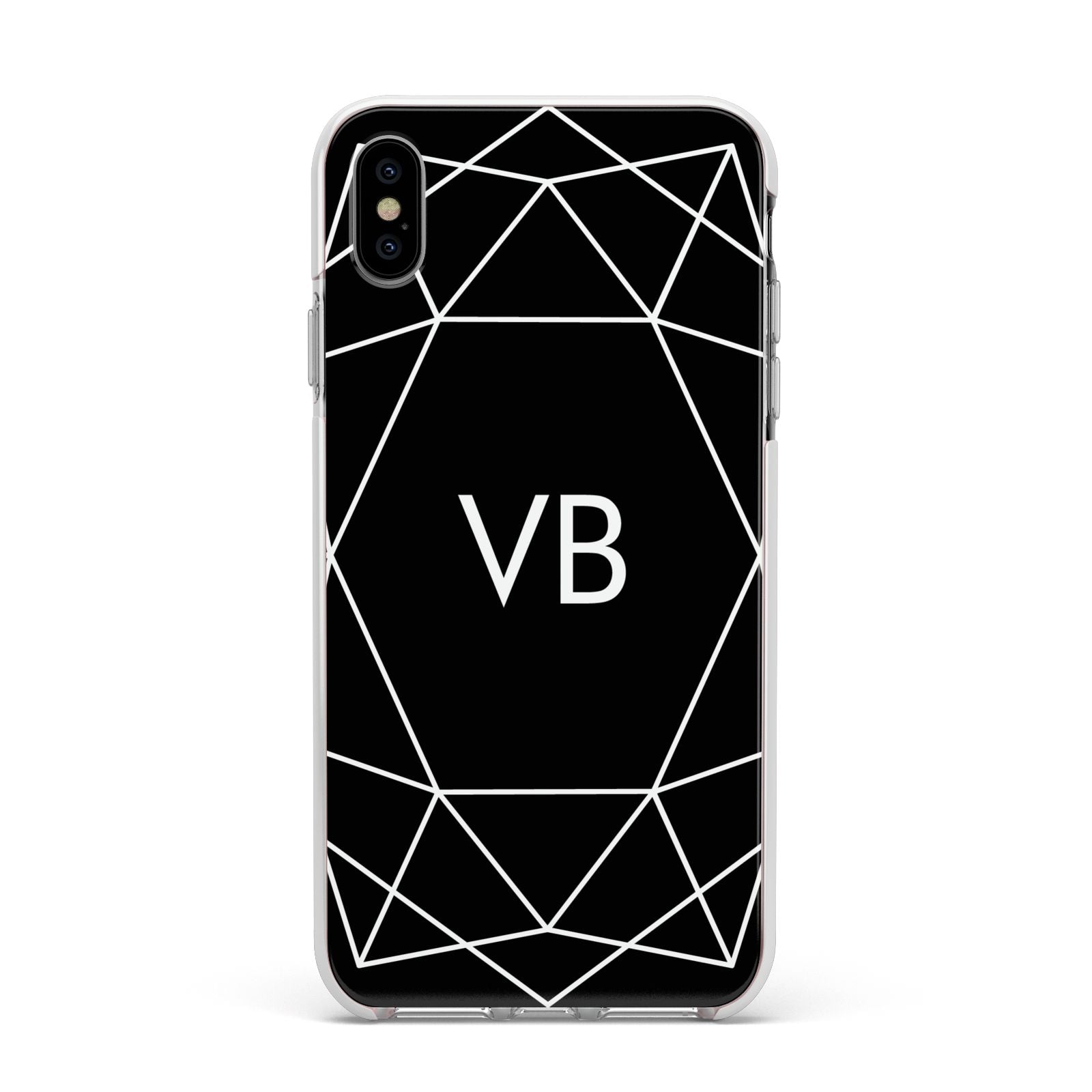 Personalised Black Initials Geometric Apple iPhone Xs Max Impact Case White Edge on Silver Phone