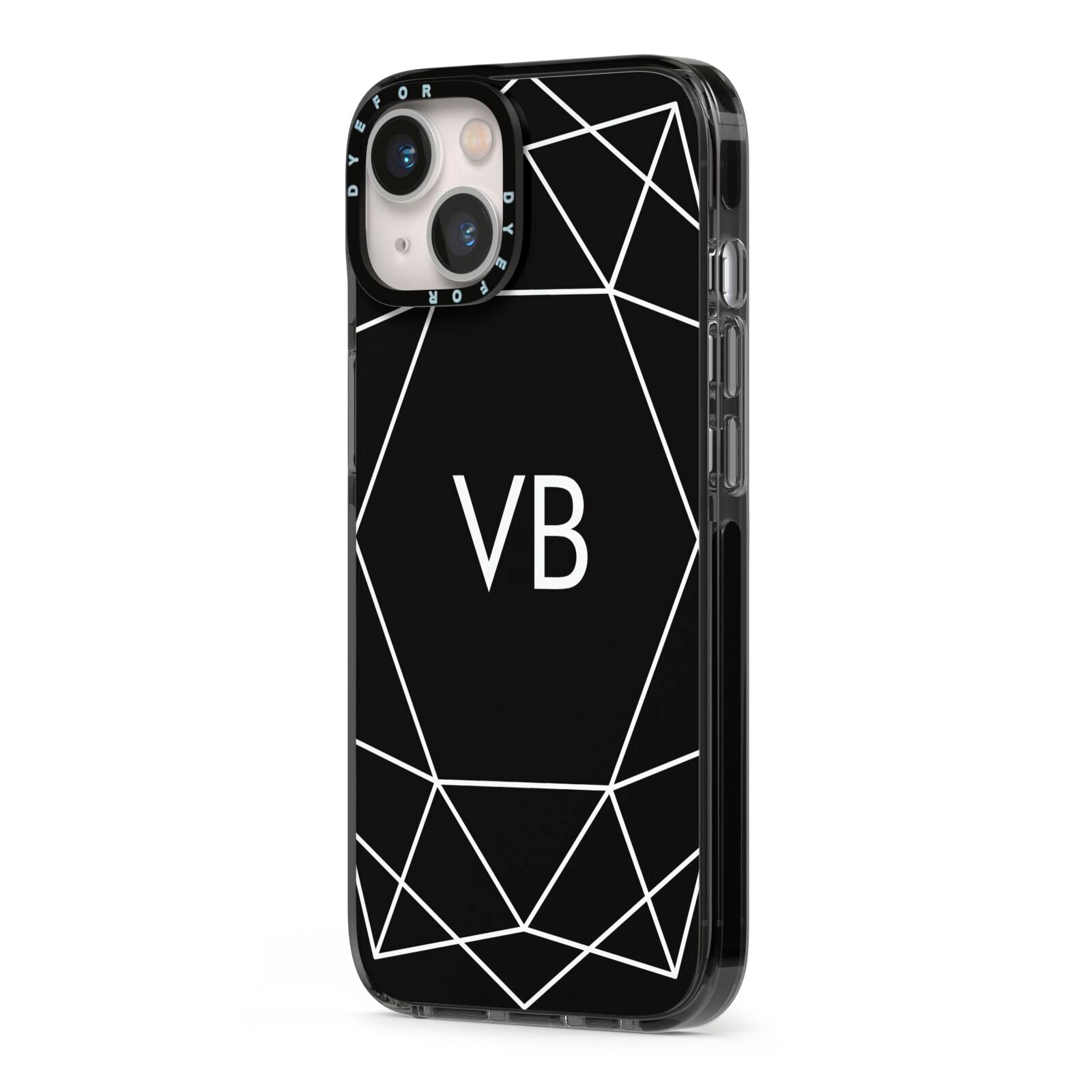 Personalised Black Initials Geometric iPhone 13 Black Impact Case Side Angle on Silver phone