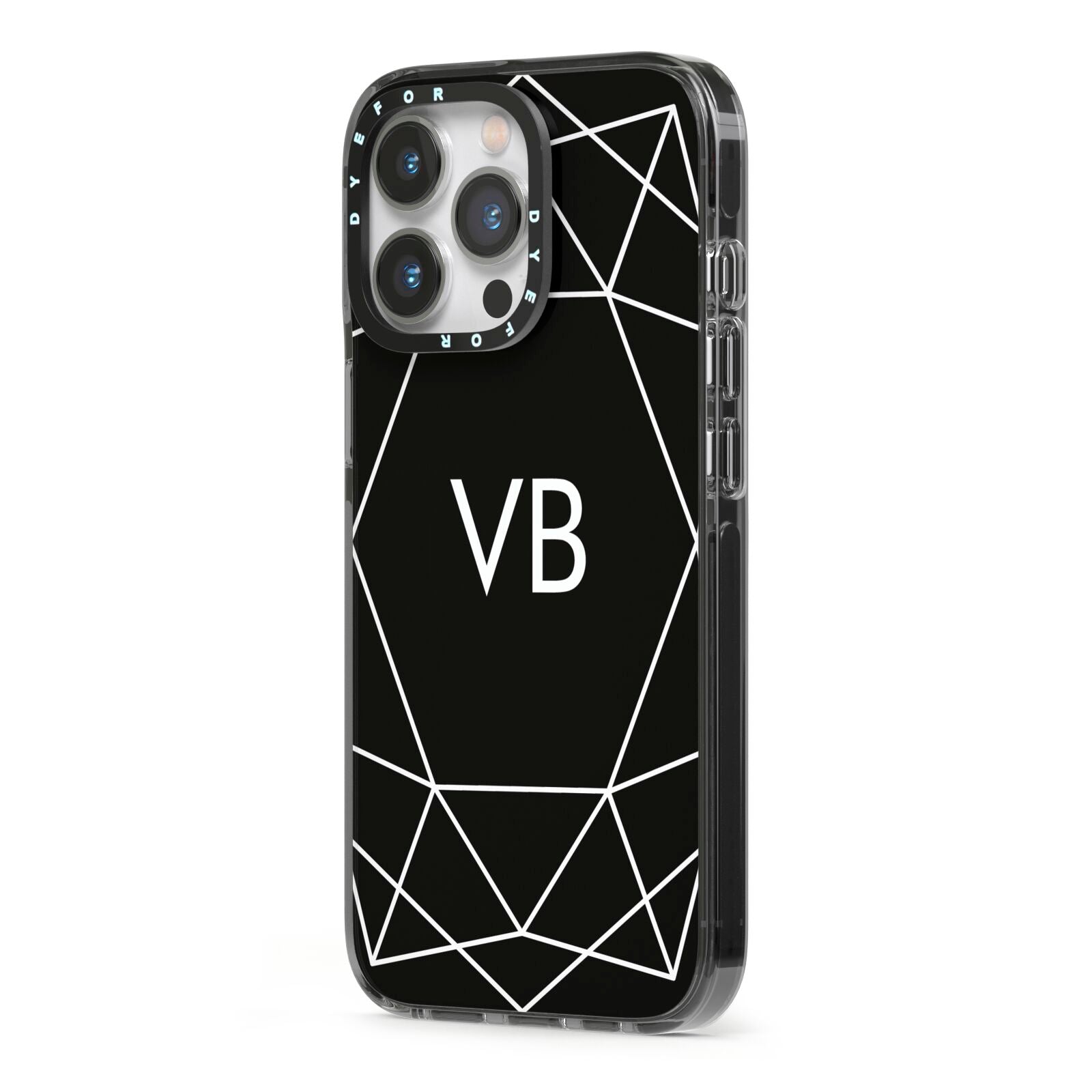 Personalised Black Initials Geometric iPhone 13 Pro Black Impact Case Side Angle on Silver phone