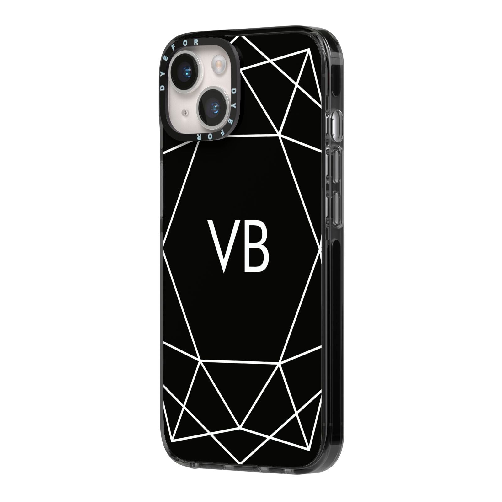 Personalised Black Initials Geometric iPhone 14 Black Impact Case Side Angle on Silver phone