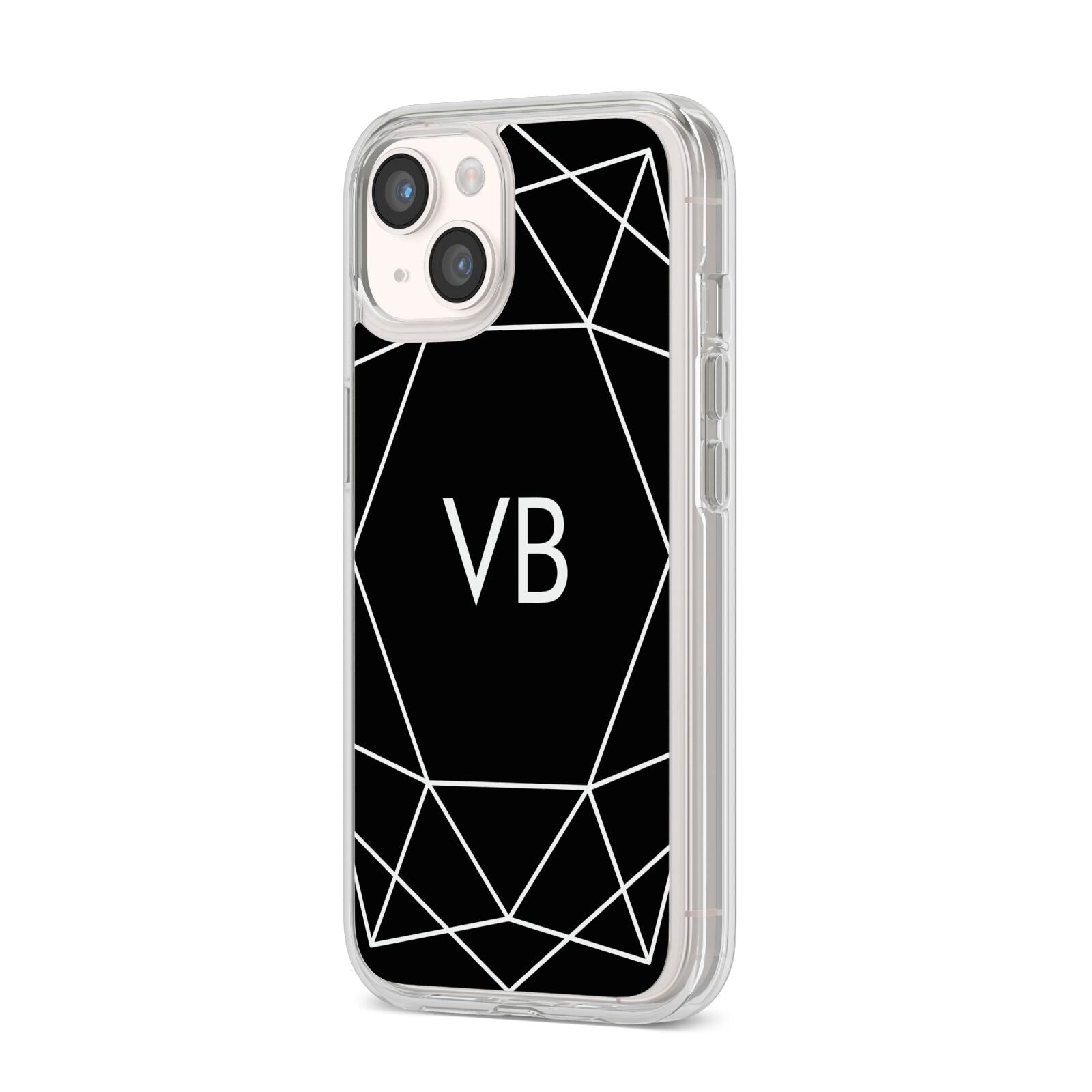 Personalised Black Initials Geometric iPhone 14 Clear Tough Case Starlight Angled Image