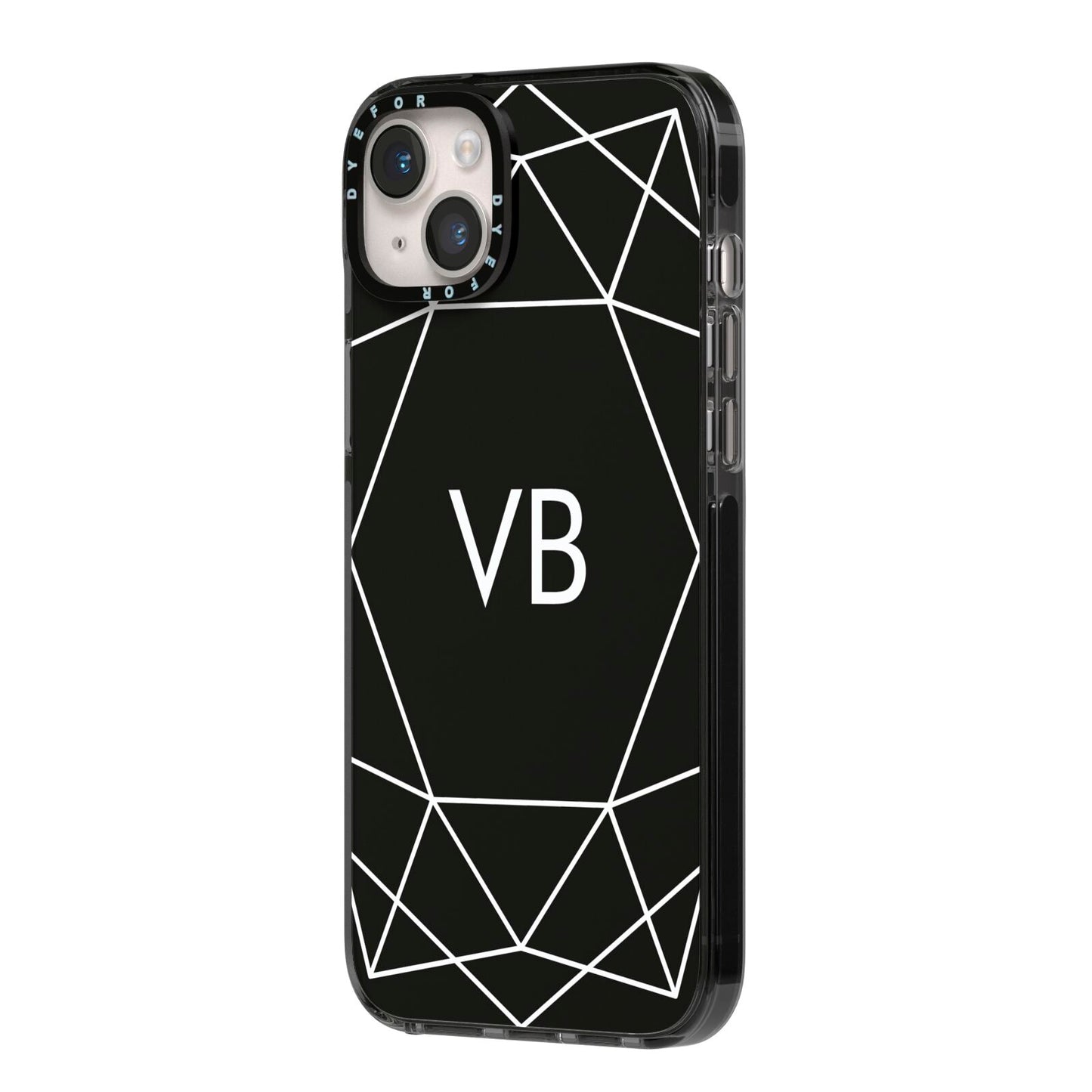 Personalised Black Initials Geometric iPhone 14 Plus Black Impact Case Side Angle on Silver phone