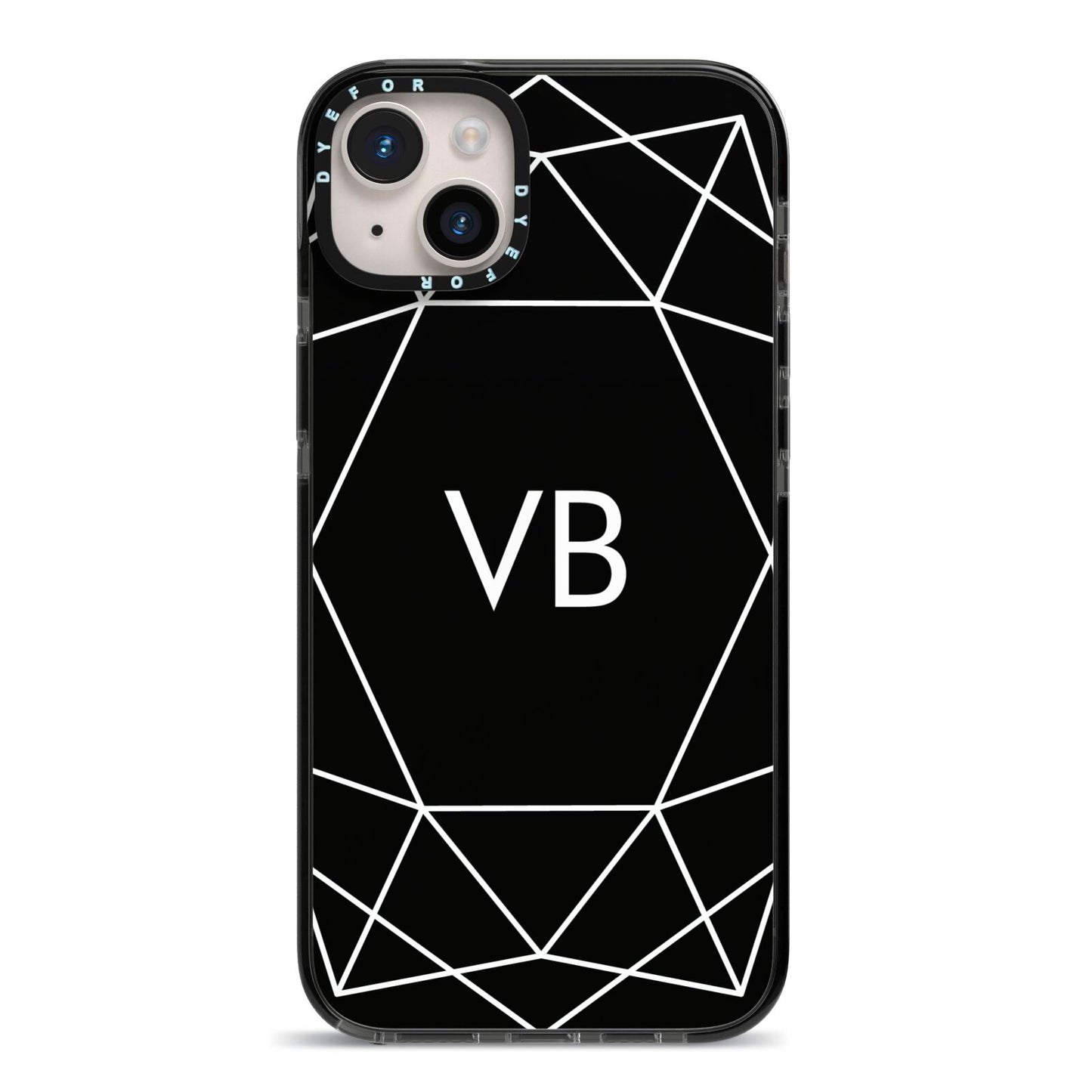 Personalised Black Initials Geometric iPhone 14 Plus Black Impact Case on Silver phone