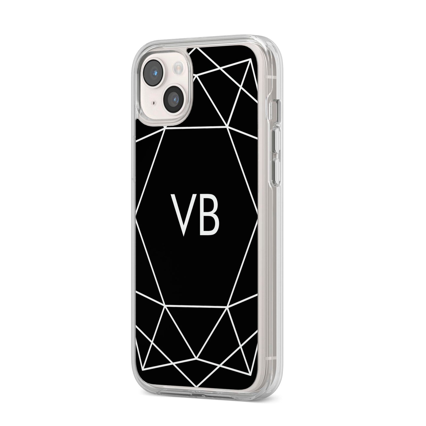 Personalised Black Initials Geometric iPhone 14 Plus Clear Tough Case Starlight Angled Image