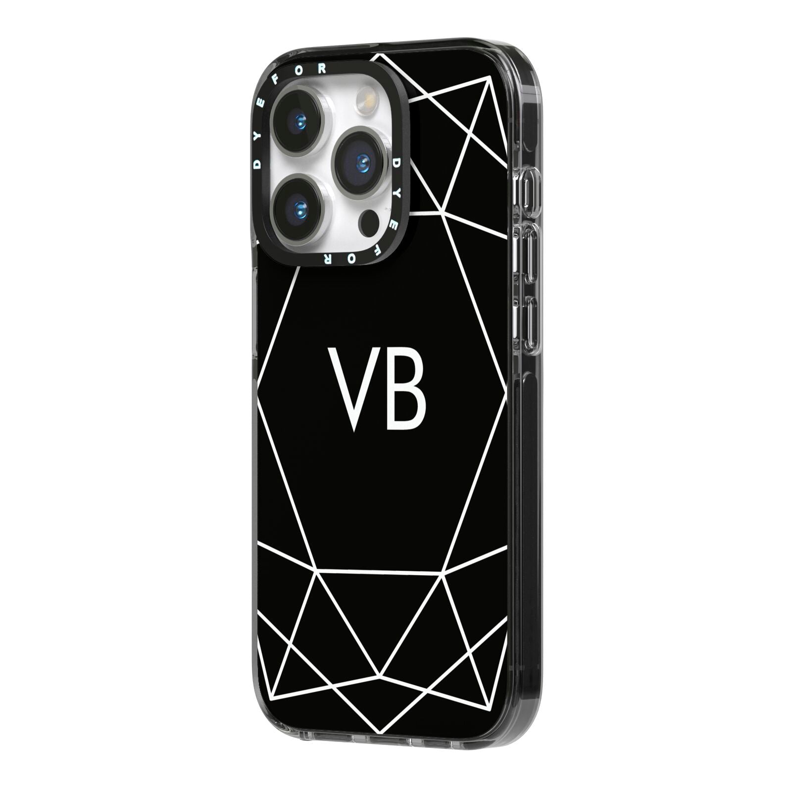 Personalised Black Initials Geometric iPhone 14 Pro Black Impact Case Side Angle on Silver phone