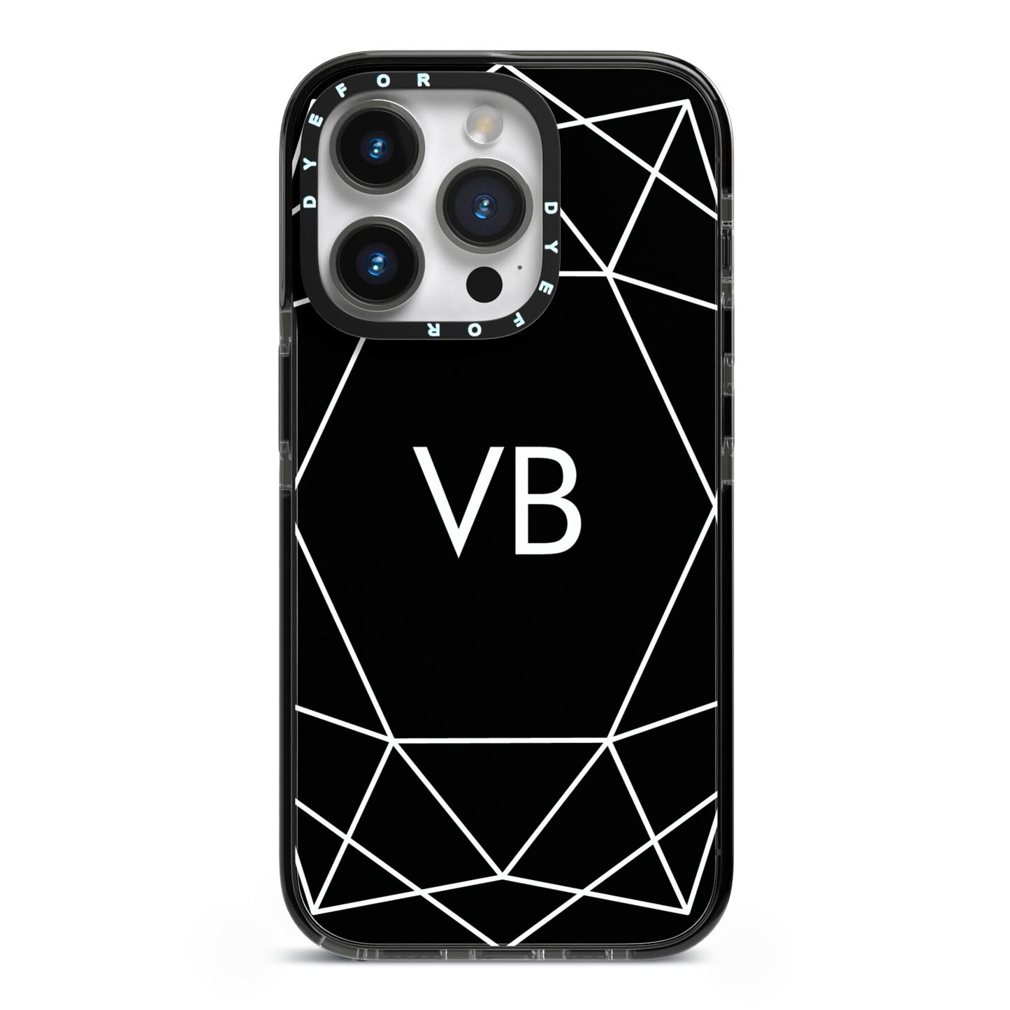 Personalised Black Initials Geometric iPhone 14 Pro Black Impact Case on Silver phone