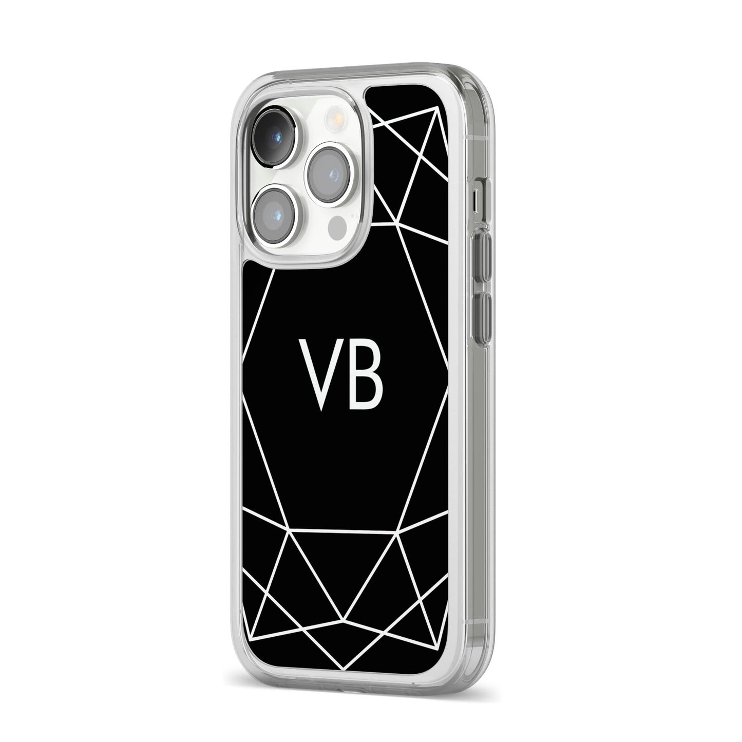 Personalised Black Initials Geometric iPhone 14 Pro Clear Tough Case Silver Angled Image