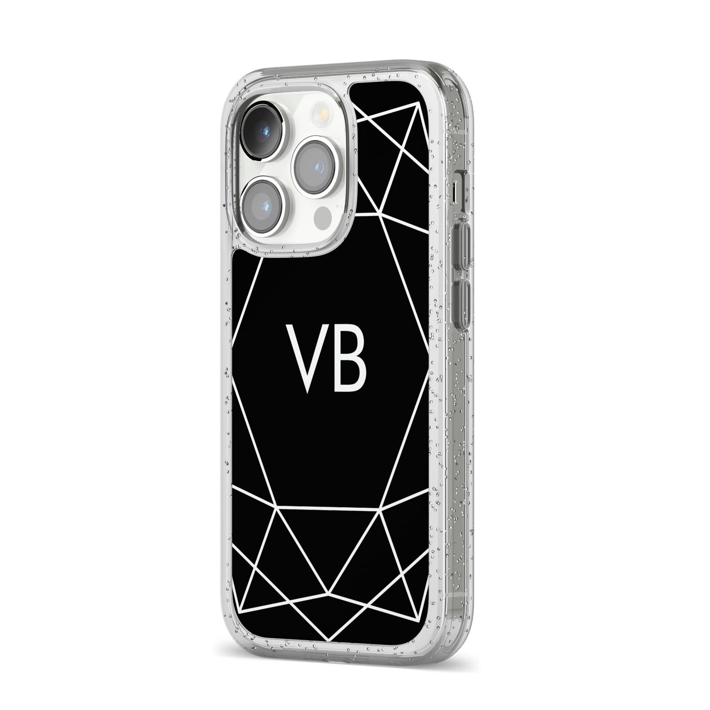 Personalised Black Initials Geometric iPhone 14 Pro Glitter Tough Case Silver Angled Image