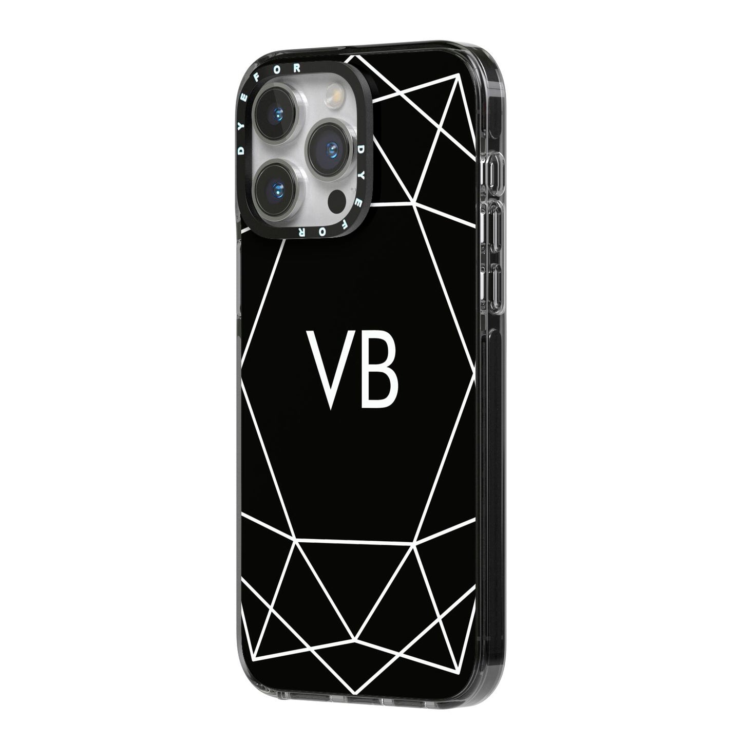 Personalised Black Initials Geometric iPhone 14 Pro Max Black Impact Case Side Angle on Silver phone