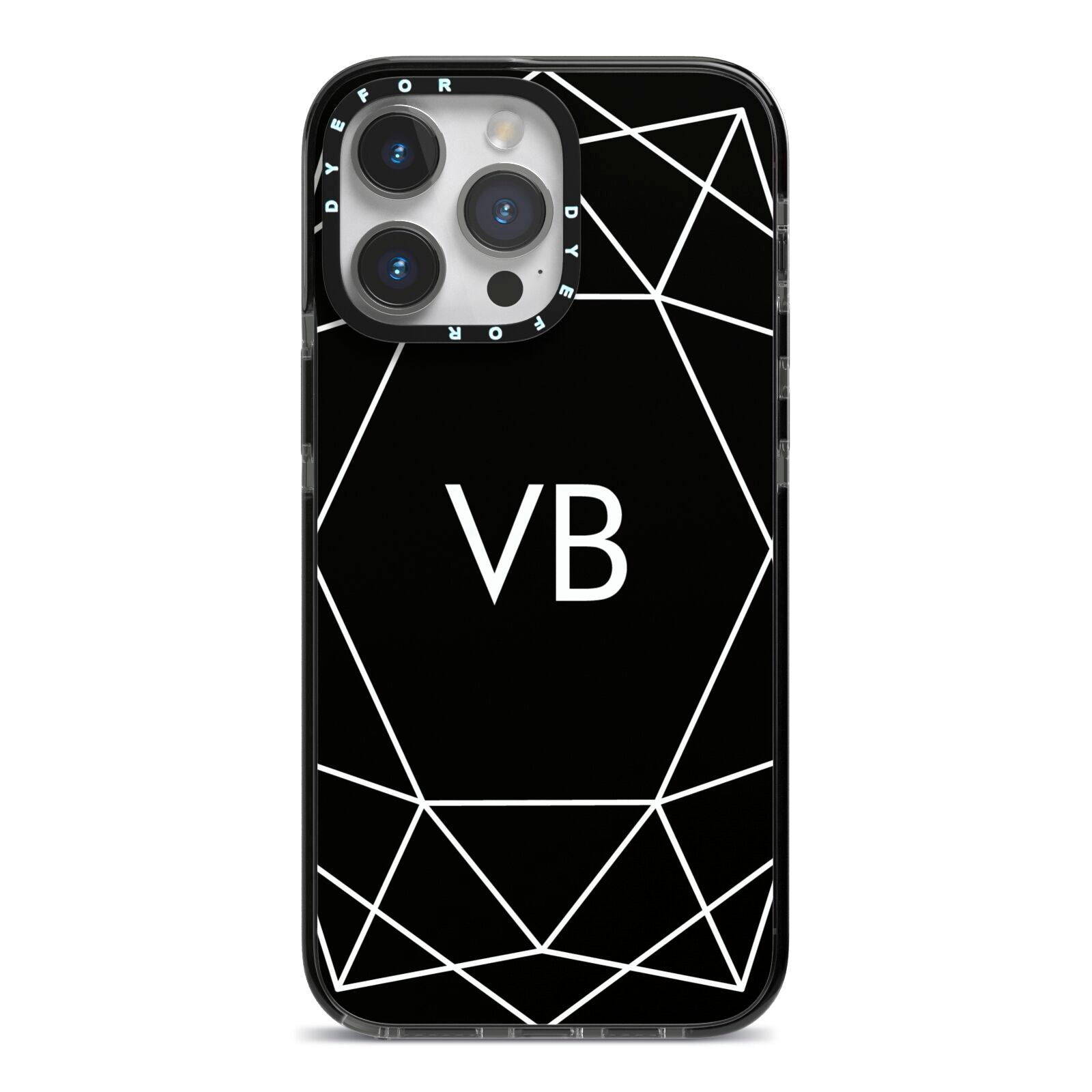 Personalised Black Initials Geometric iPhone 14 Pro Max Black Impact Case on Silver phone