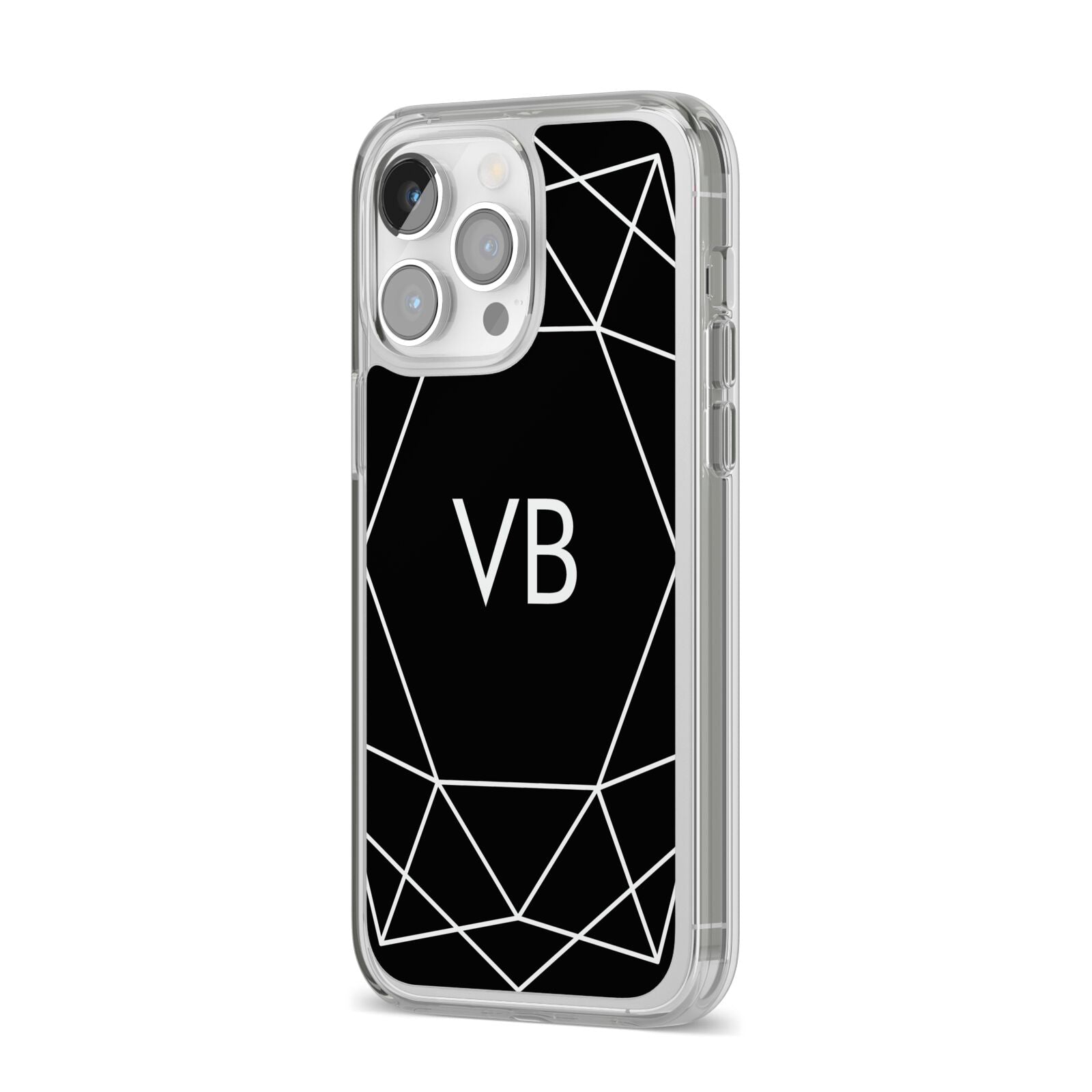 Personalised Black Initials Geometric iPhone 14 Pro Max Clear Tough Case Silver Angled Image