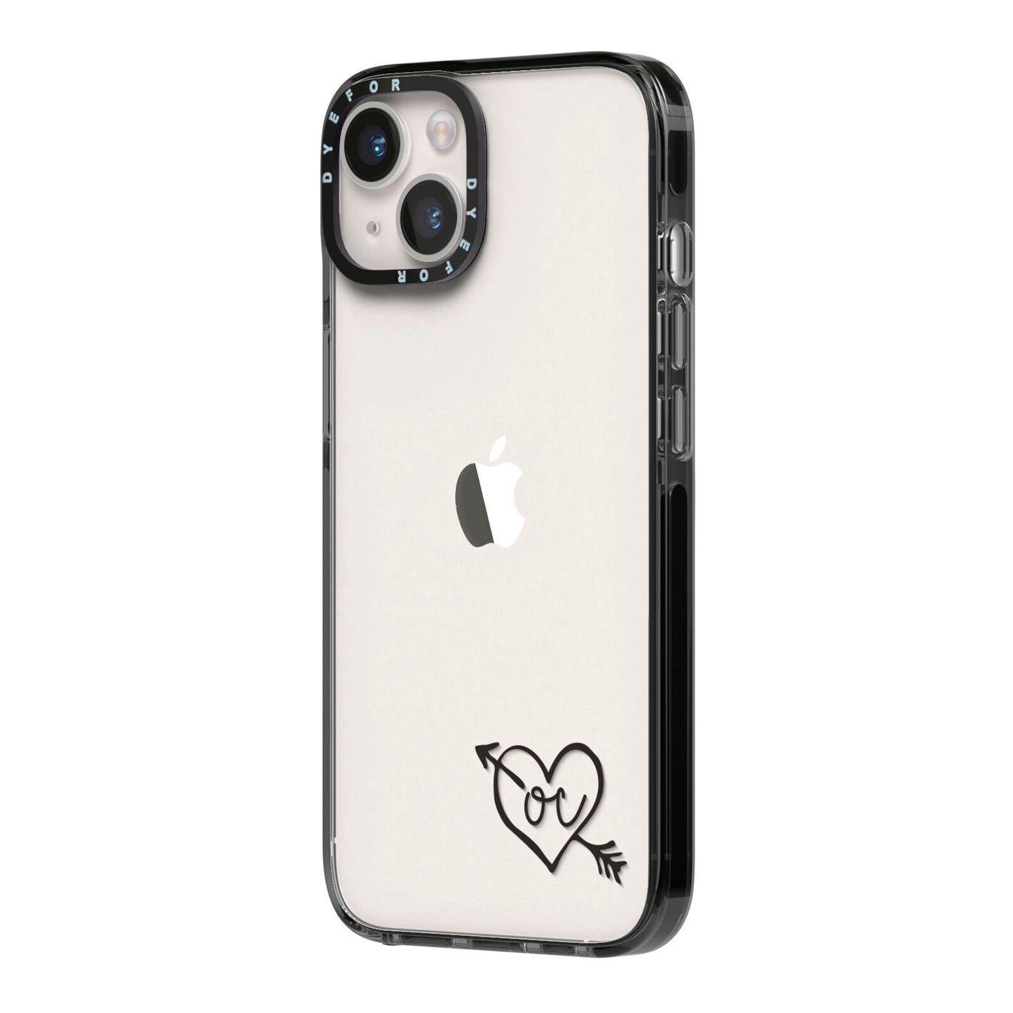 Personalised Black Initials Heart Arrow iPhone 14 Black Impact Case Side Angle on Silver phone