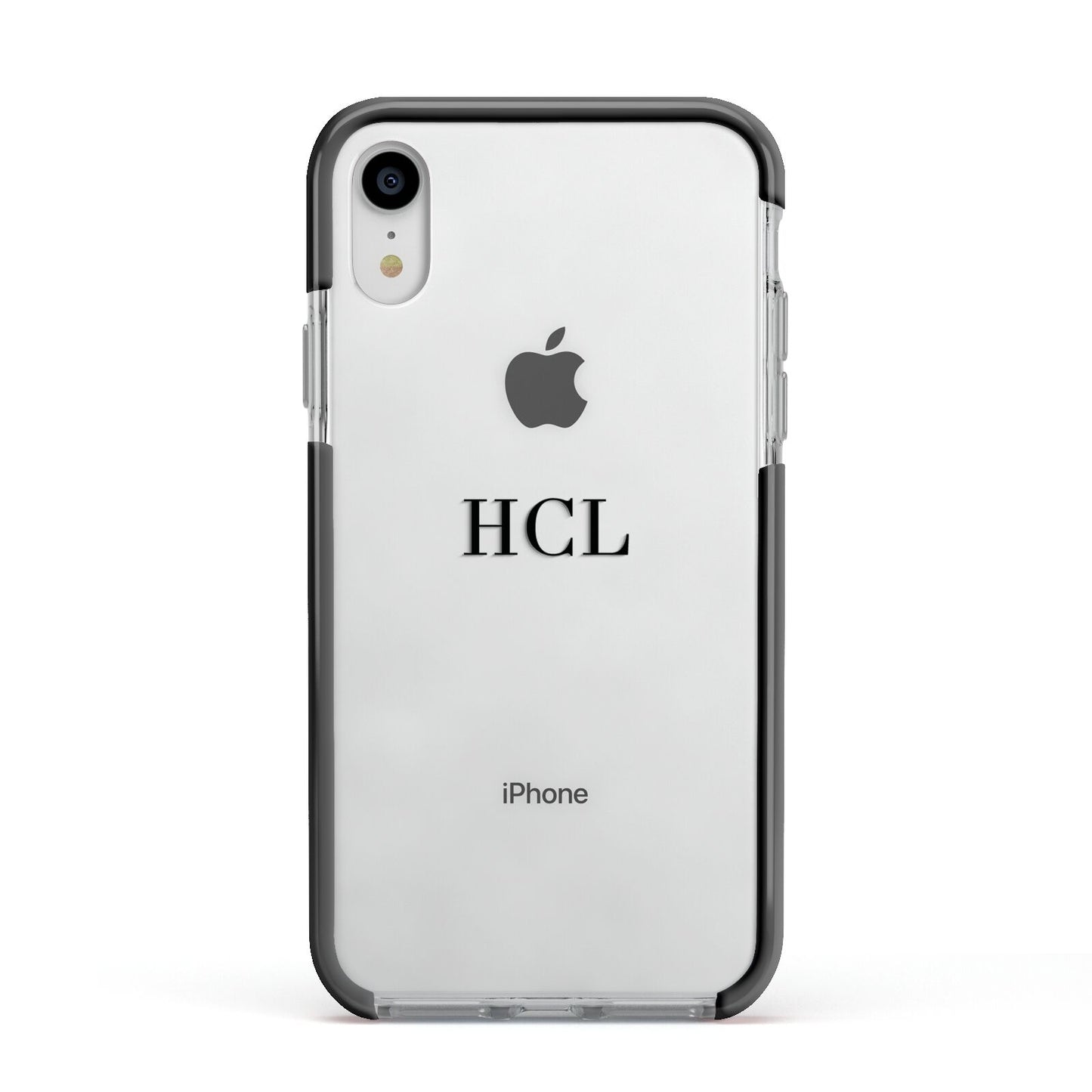 Personalised Black Initials Middle Clear Custom Apple iPhone XR Impact Case Black Edge on Silver Phone