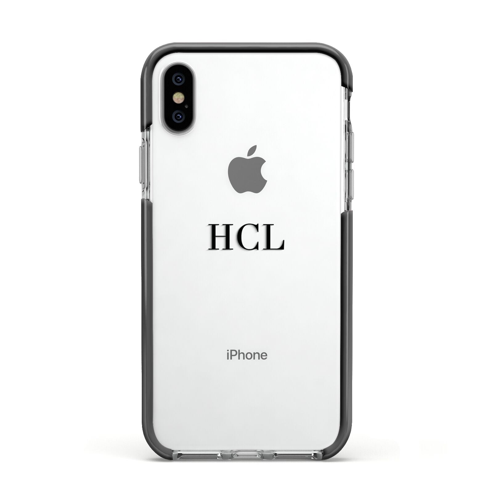 Personalised Black Initials Middle Clear Custom Apple iPhone Xs Impact Case Black Edge on Silver Phone