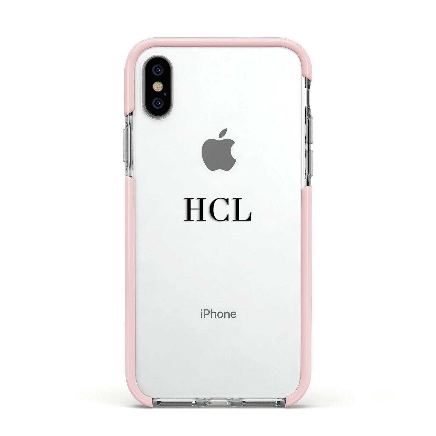 Personalised Black Initials Middle Clear Custom Apple iPhone Xs Impact Case Pink Edge on Silver Phone