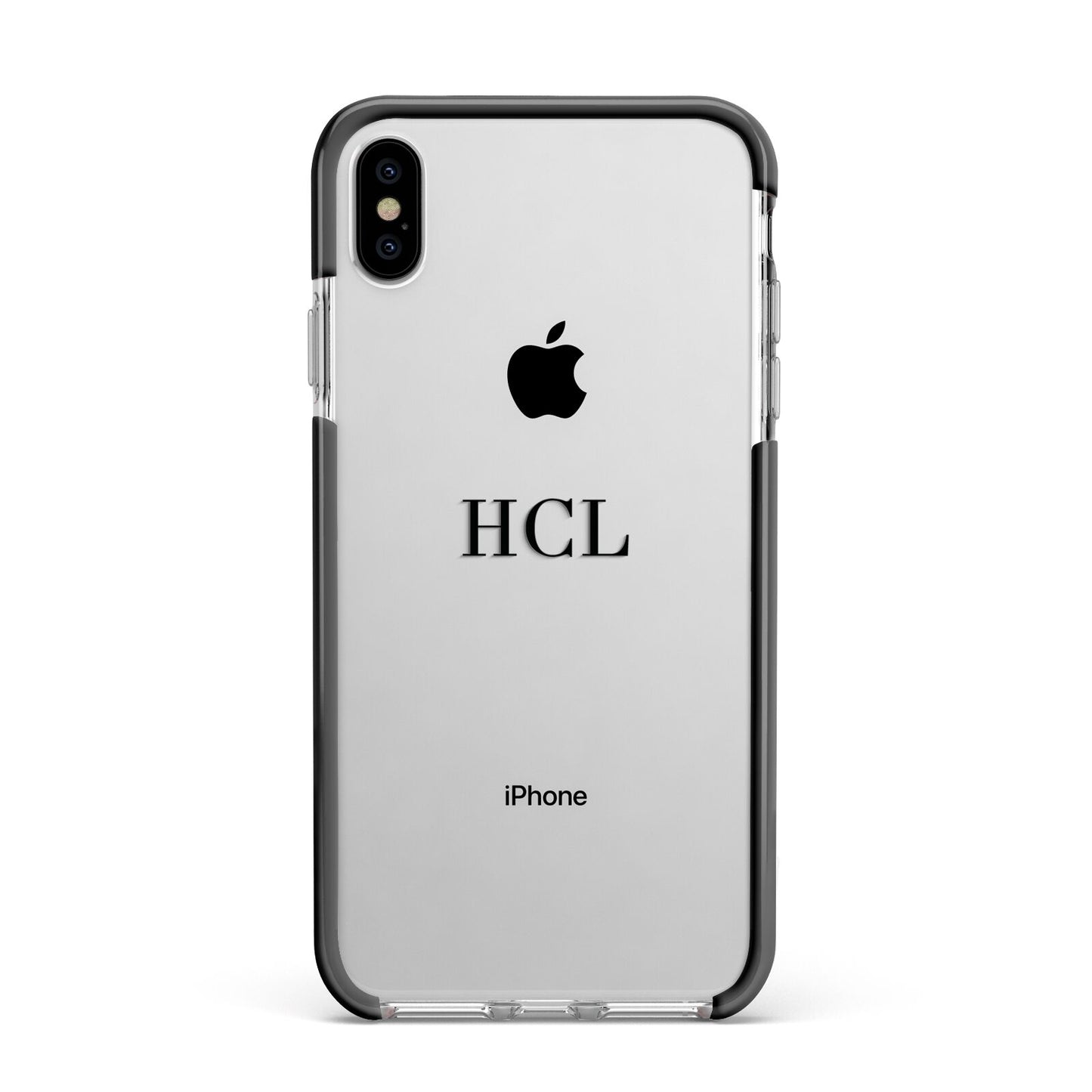 Personalised Black Initials Middle Clear Custom Apple iPhone Xs Max Impact Case Black Edge on Silver Phone