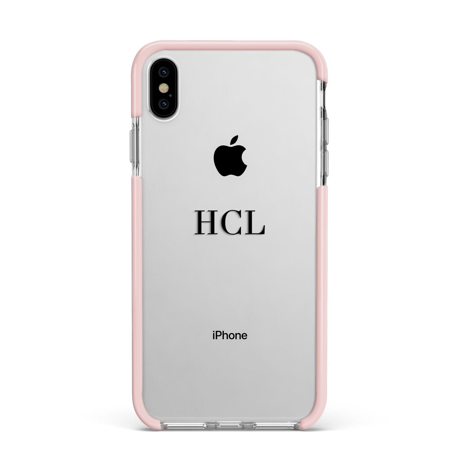 Personalised Black Initials Middle Clear Custom Apple iPhone Xs Max Impact Case Pink Edge on Silver Phone