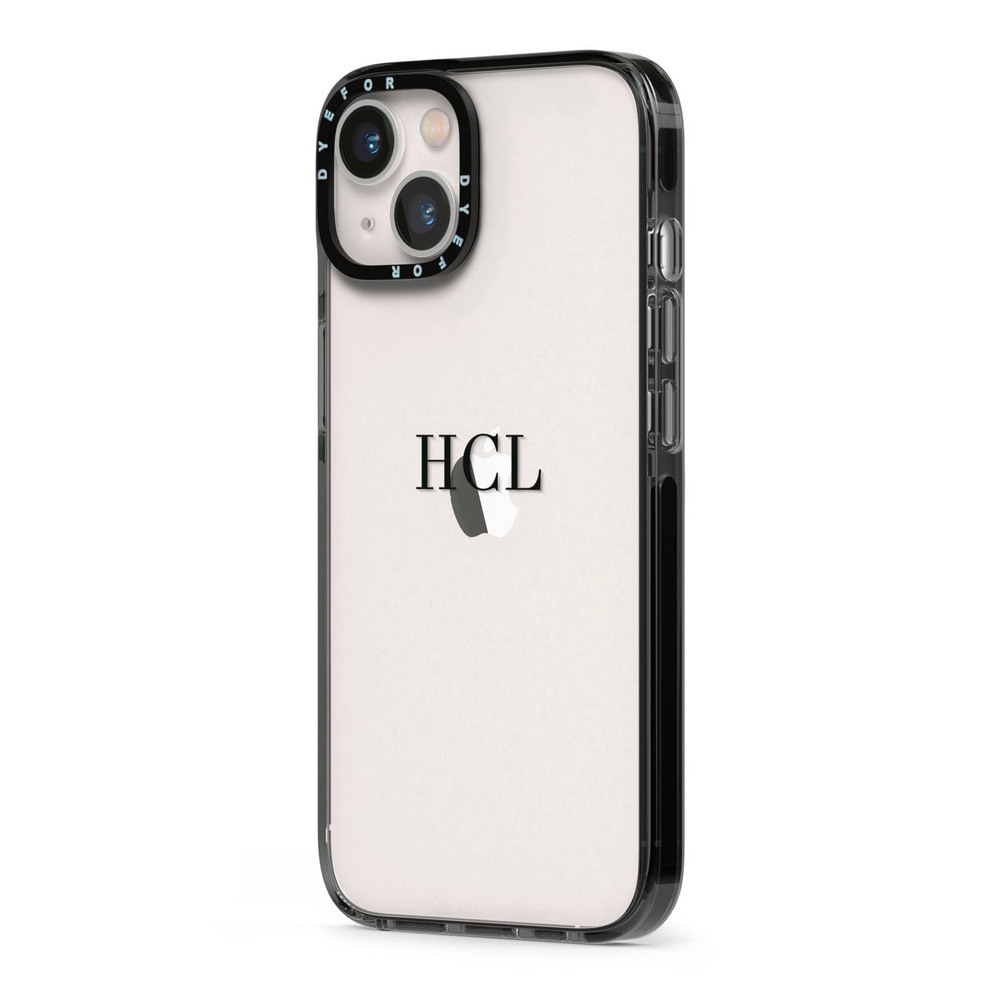 Personalised Black Initials Middle Clear Custom iPhone 13 Black Impact Case Side Angle on Silver phone