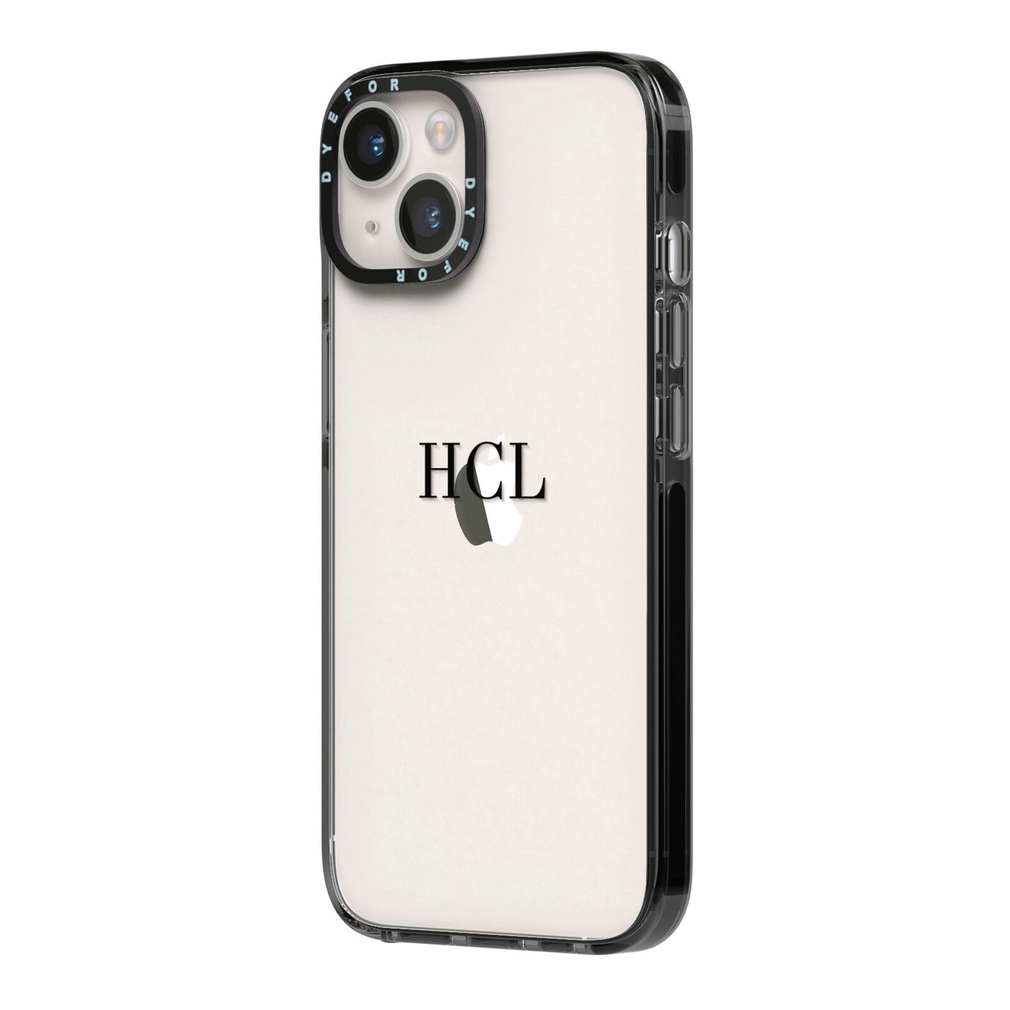 Personalised Black Initials Middle Clear Custom iPhone 14 Black Impact Case Side Angle on Silver phone