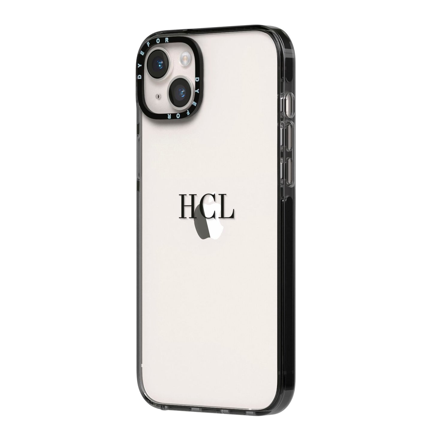 Personalised Black Initials Middle Clear Custom iPhone 14 Plus Black Impact Case Side Angle on Silver phone