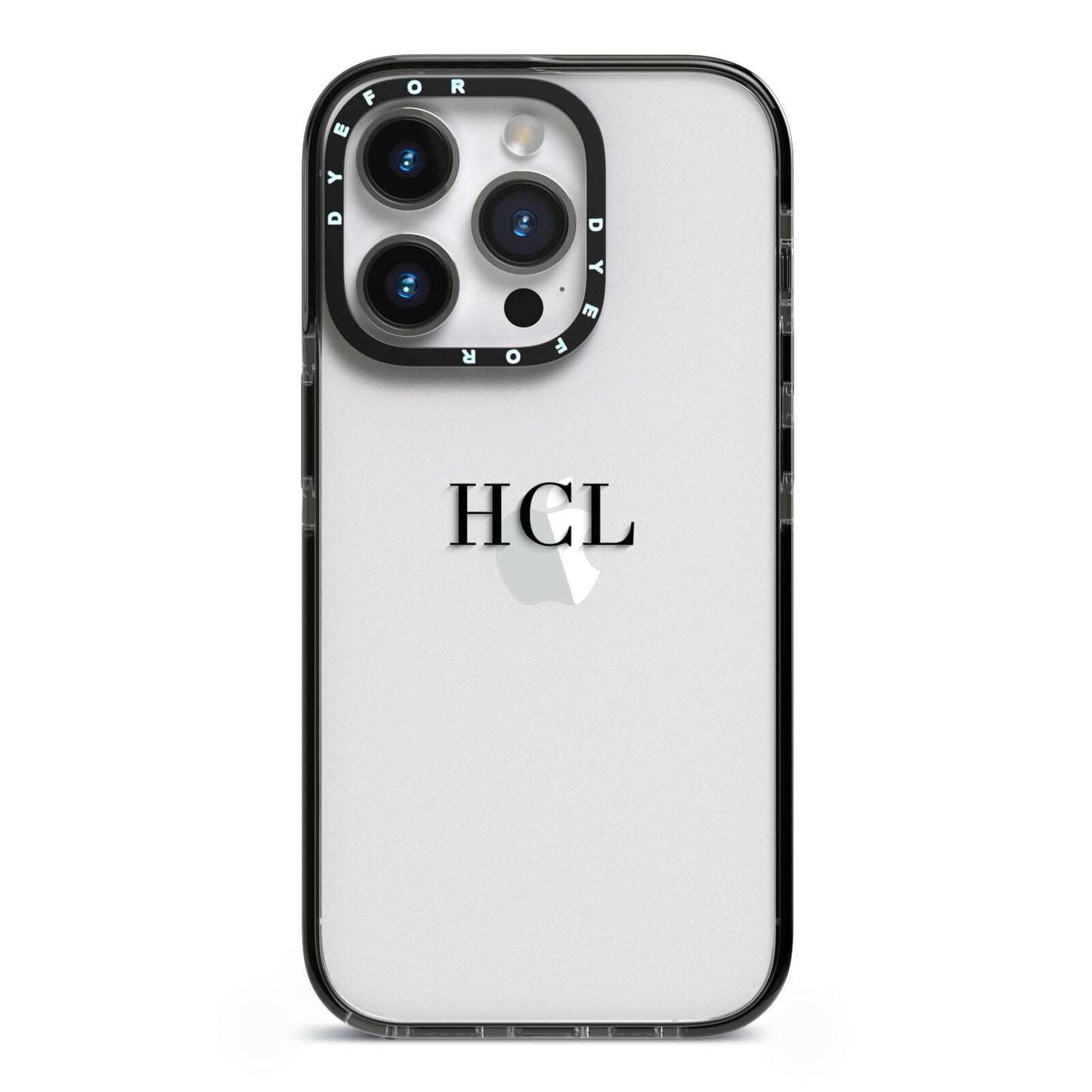 Personalised Black Initials Middle Clear Custom iPhone 14 Pro Black Impact Case on Silver phone