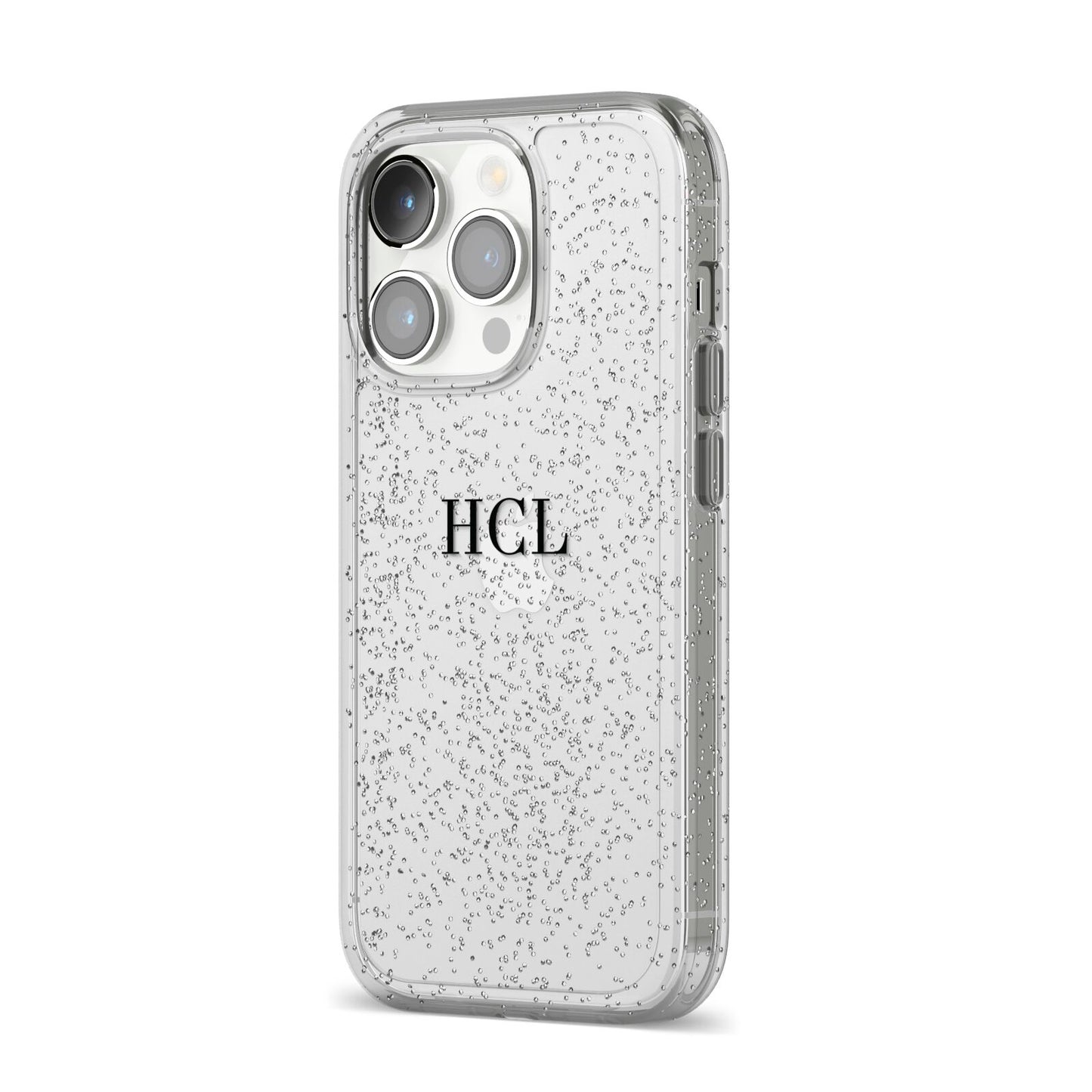 Personalised Black Initials Middle Clear Custom iPhone 14 Pro Glitter Tough Case Silver Angled Image