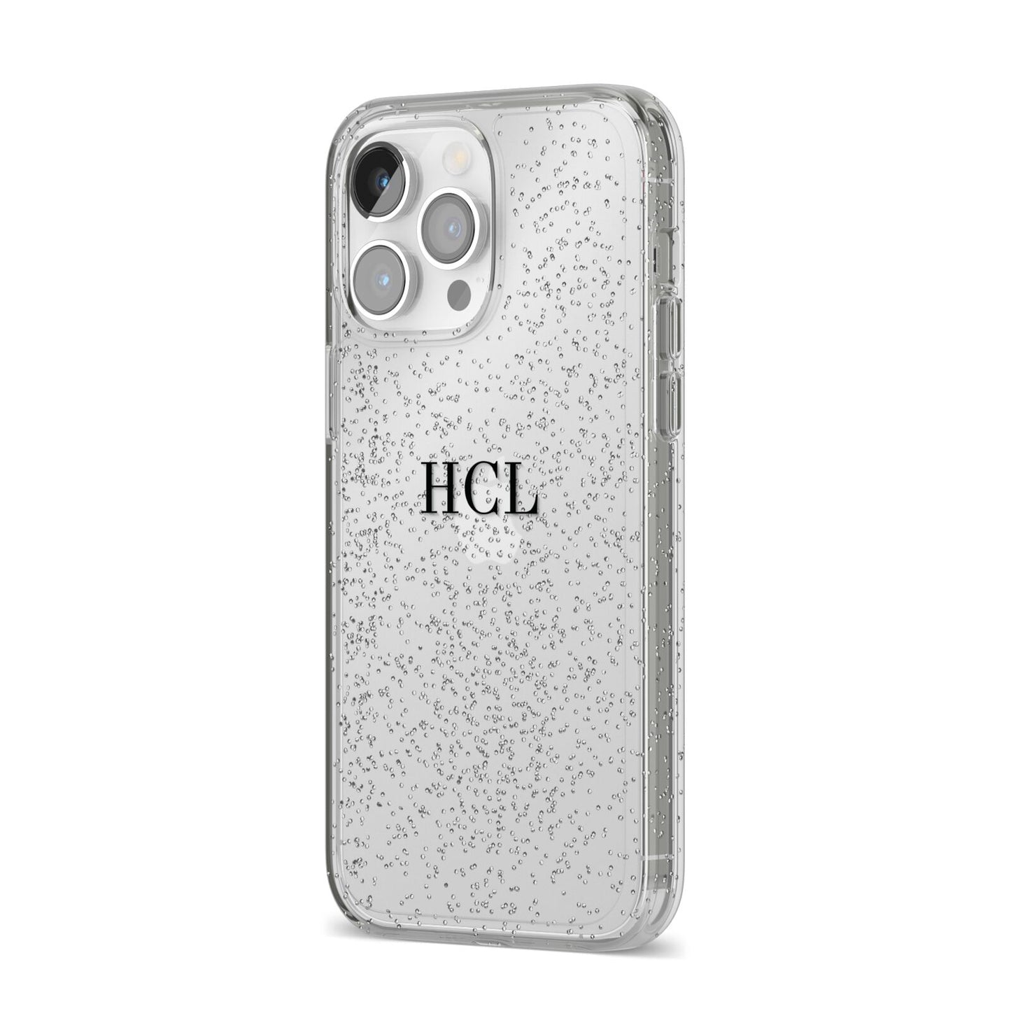 Personalised Black Initials Middle Clear Custom iPhone 14 Pro Max Glitter Tough Case Silver Angled Image