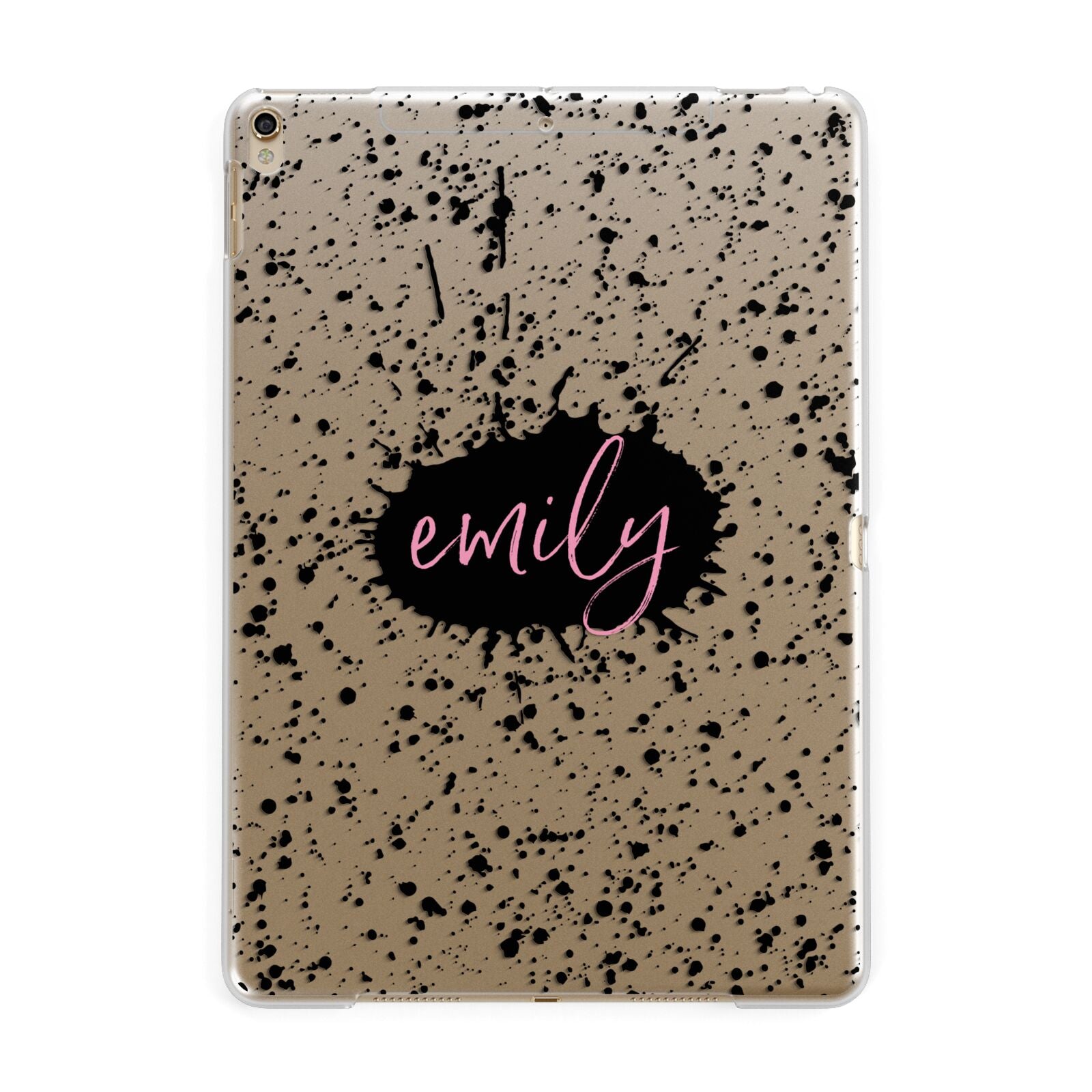 Personalised Black Ink Splat Clear Name Apple iPad Gold Case