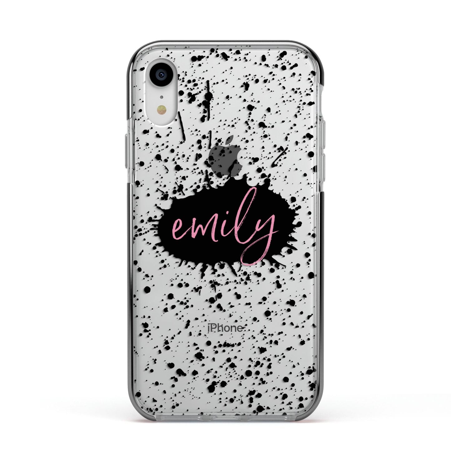 Personalised Black Ink Splat Clear Name Apple iPhone XR Impact Case Black Edge on Silver Phone