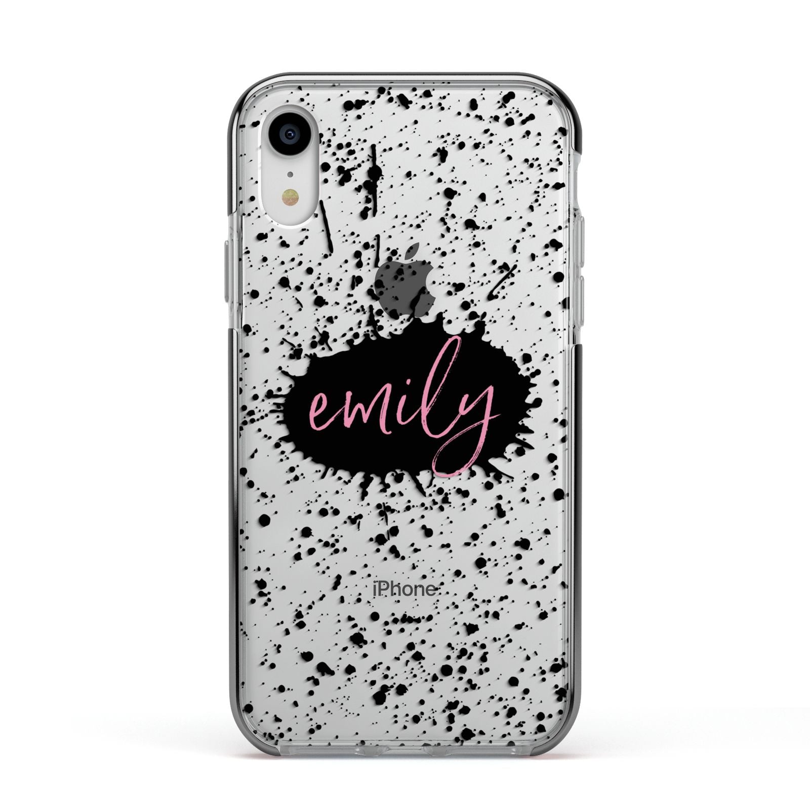 Personalised Black Ink Splat Clear Name Apple iPhone XR Impact Case Black Edge on Silver Phone