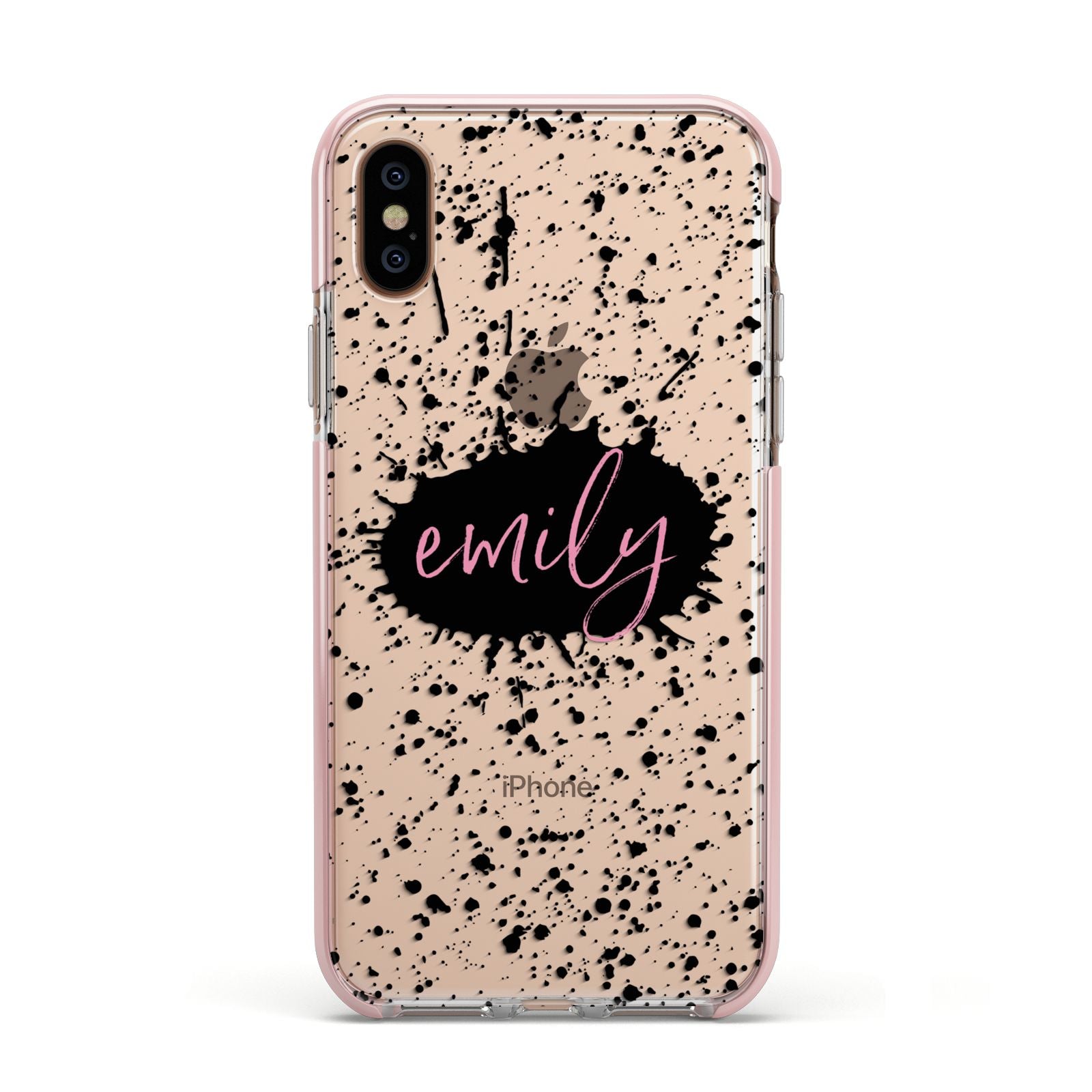 Personalised Black Ink Splat Clear Name Apple iPhone Xs Impact Case Pink Edge on Gold Phone