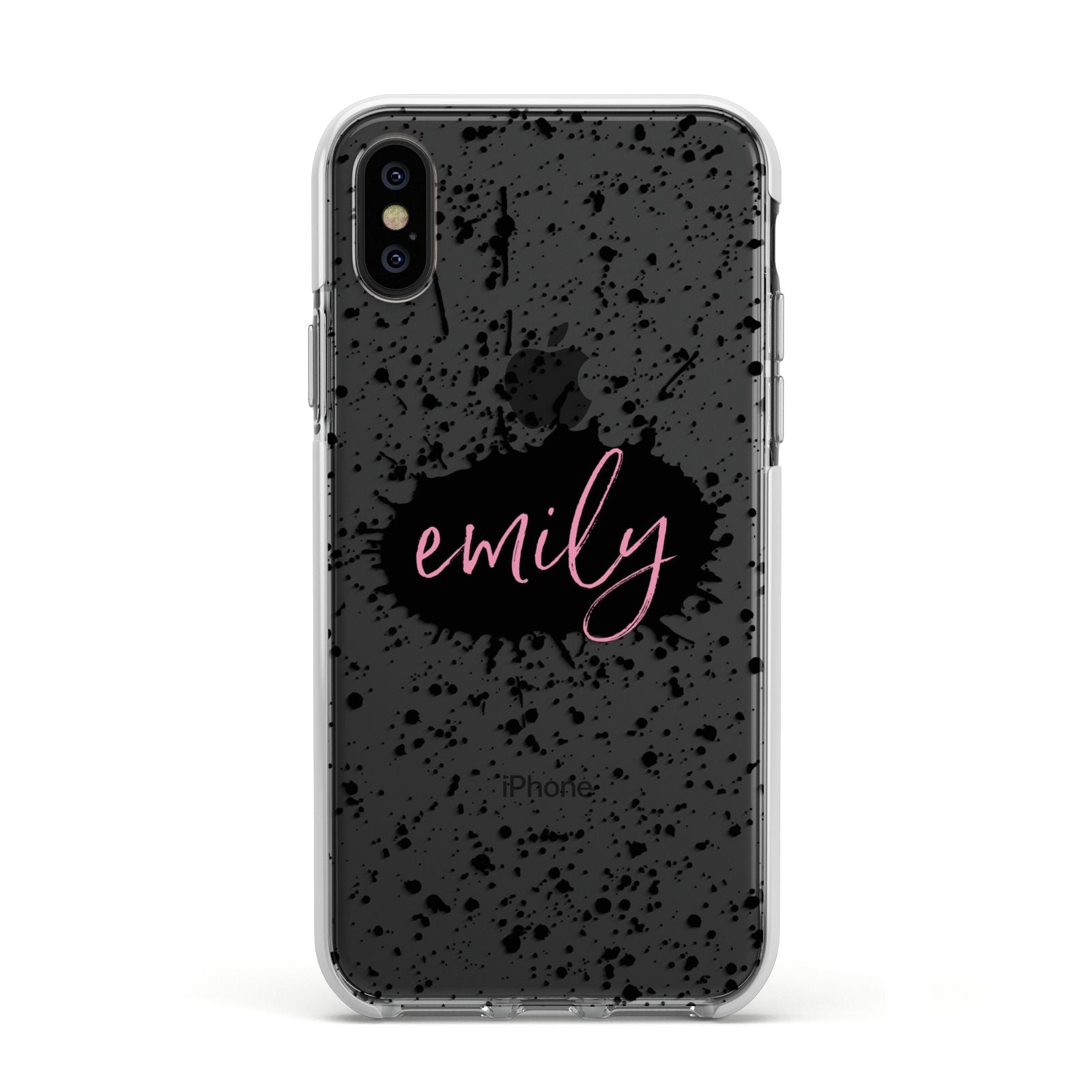 Personalised Black Ink Splat Clear Name Apple iPhone Xs Impact Case White Edge on Black Phone