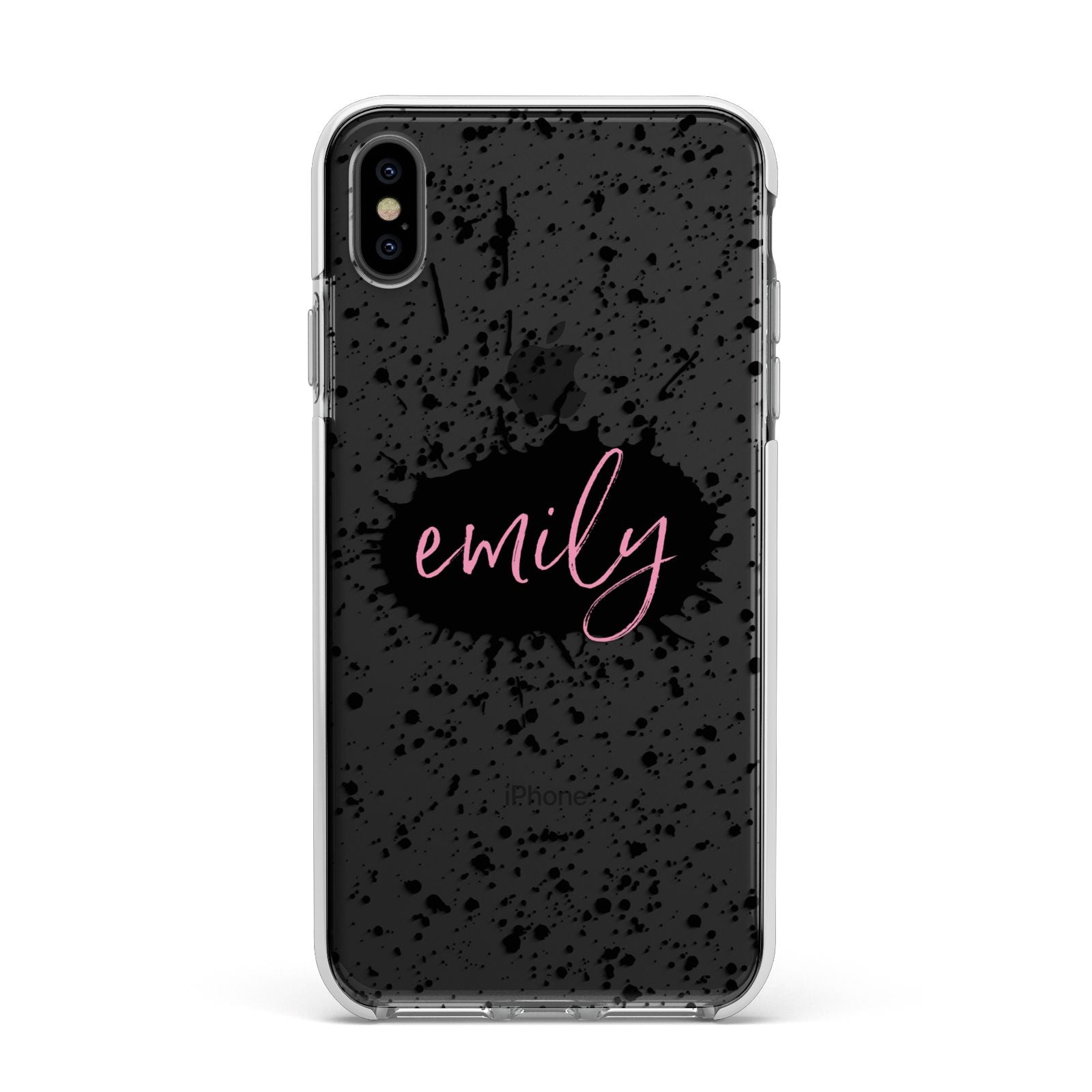 Personalised Black Ink Splat Clear Name Apple iPhone Xs Max Impact Case White Edge on Black Phone