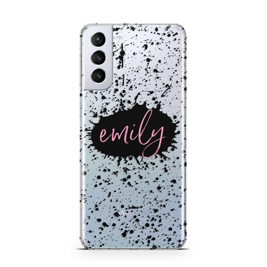 Personalised Black Ink Splat Clear Name Samsung S21 Plus Phone Case