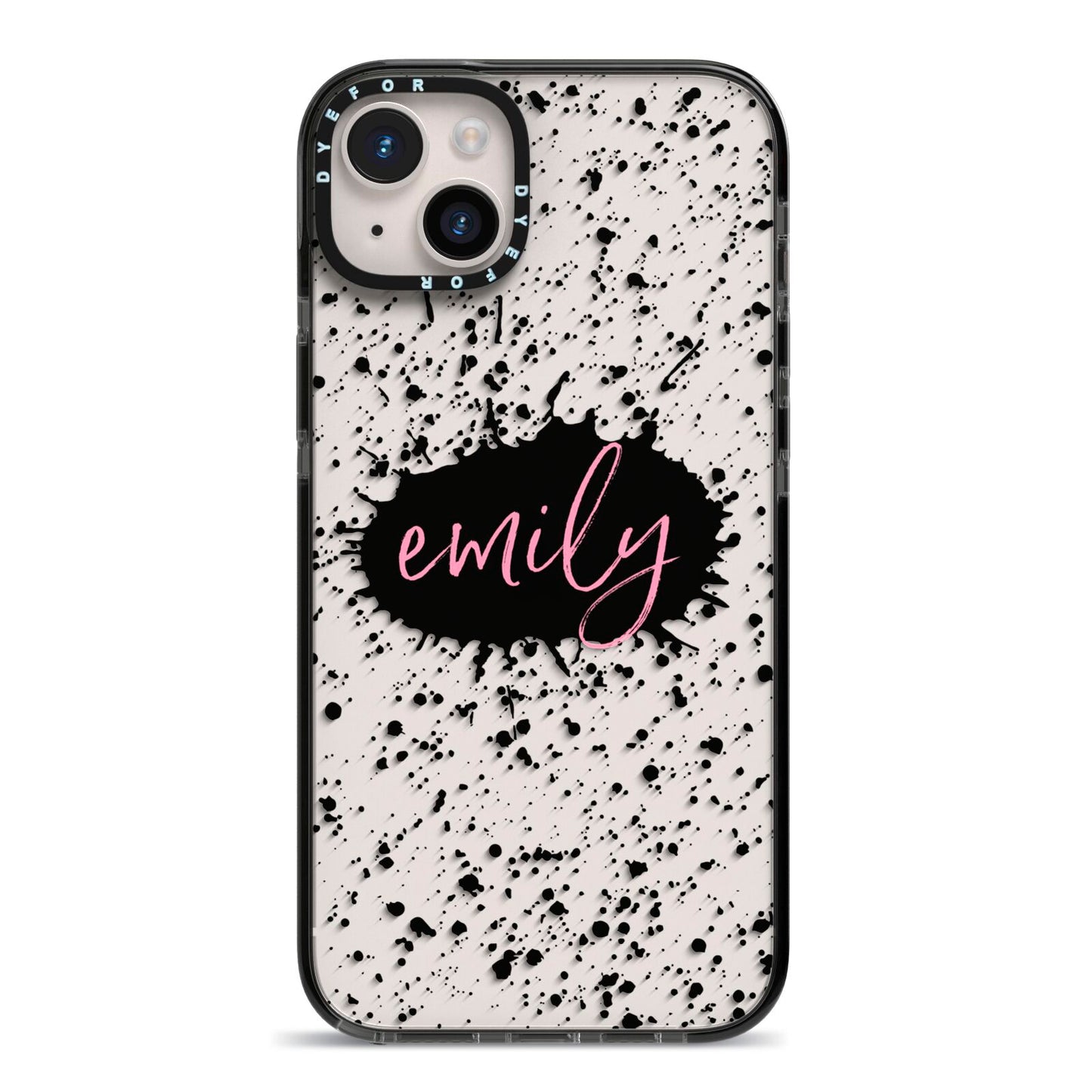 Personalised Black Ink Splat Clear Name iPhone 14 Plus Black Impact Case on Silver phone