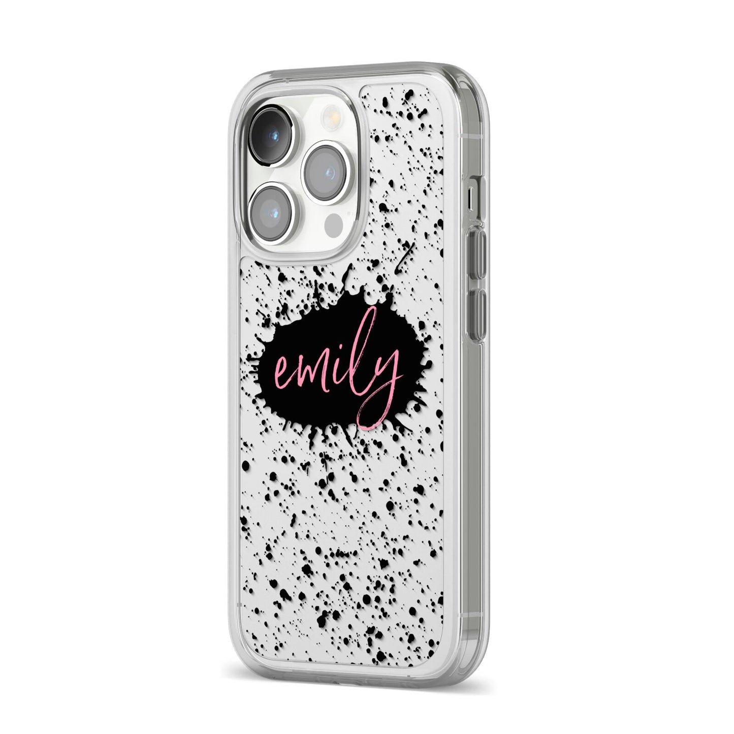 Personalised Black Ink Splat Clear Name iPhone 14 Pro Clear Tough Case Silver Angled Image