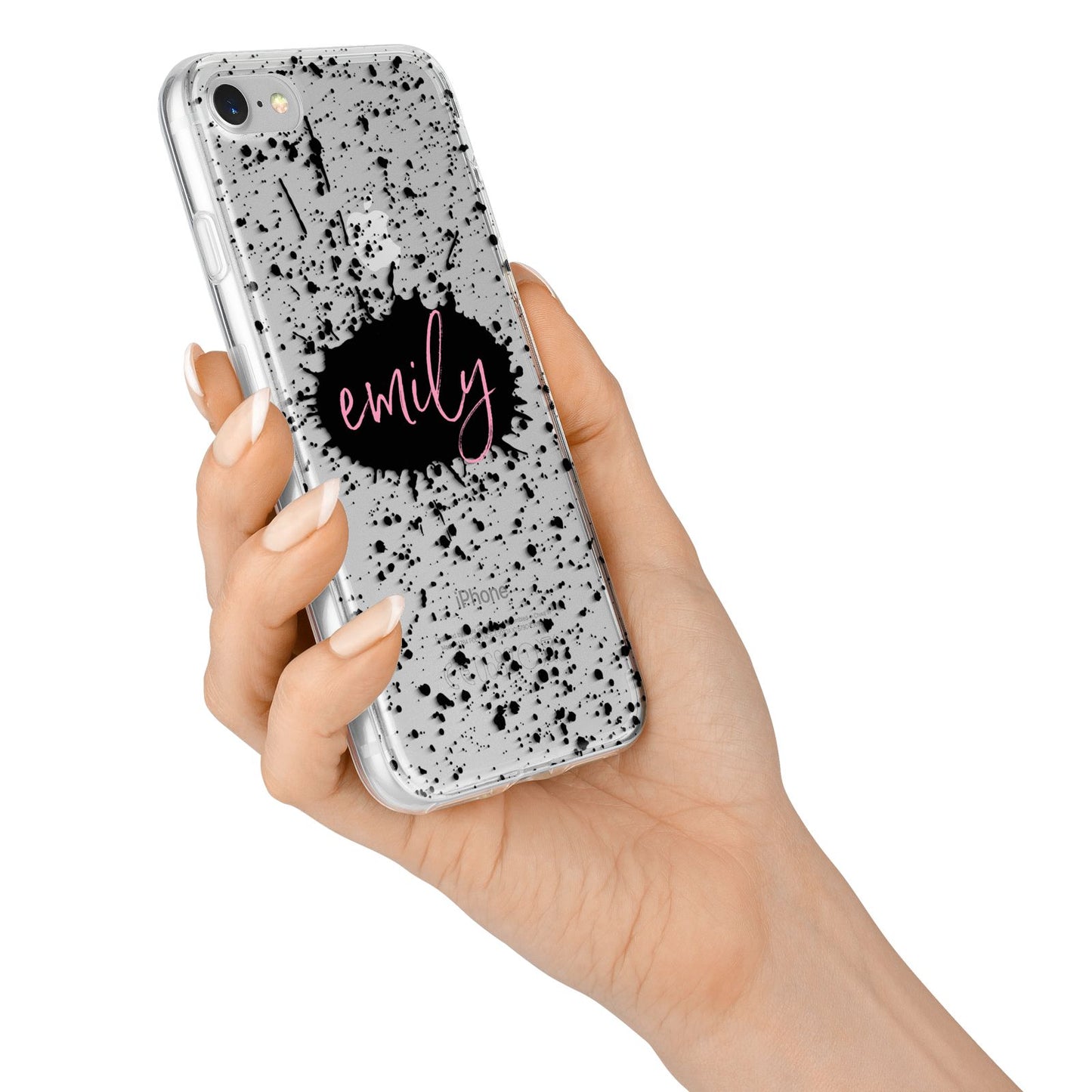 Personalised Black Ink Splat Clear Name iPhone 7 Bumper Case on Silver iPhone Alternative Image