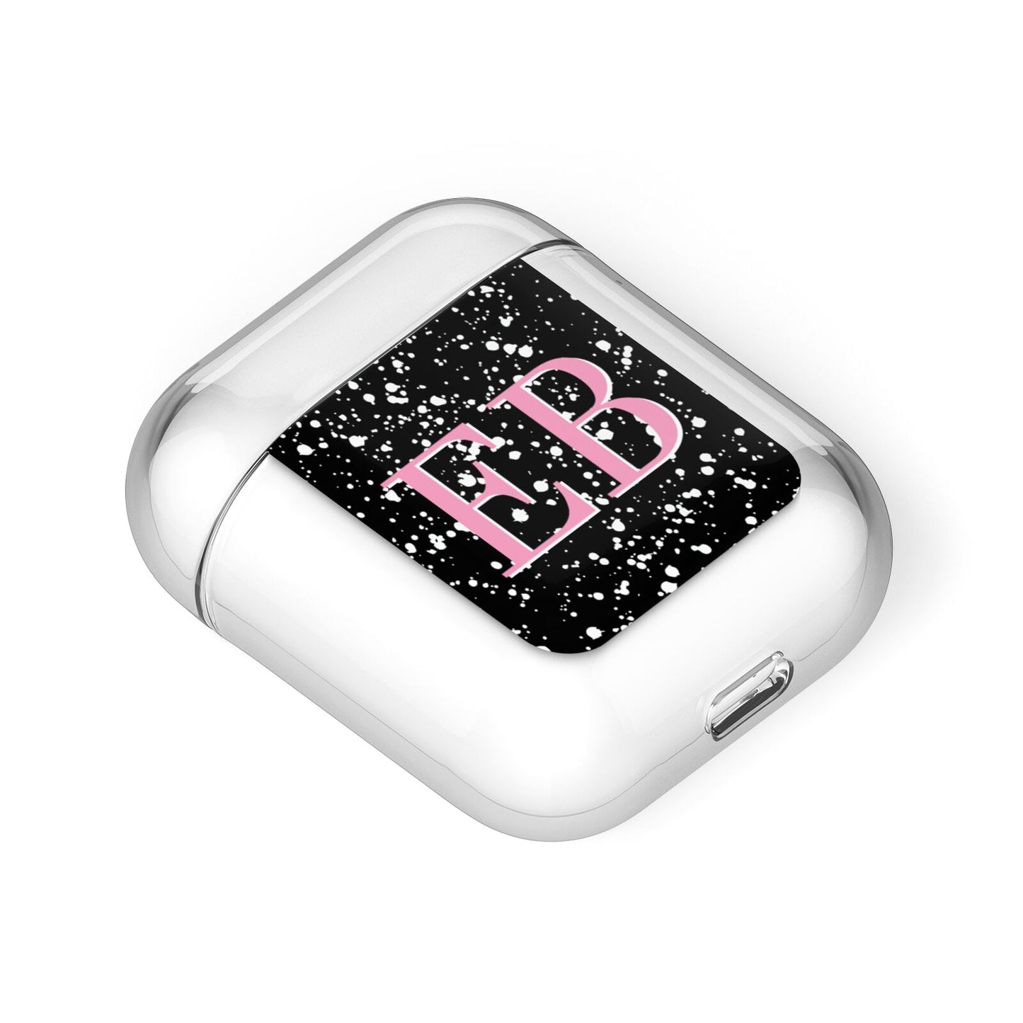 Personalised Black Ink Splat Initials AirPods Case Laid Flat