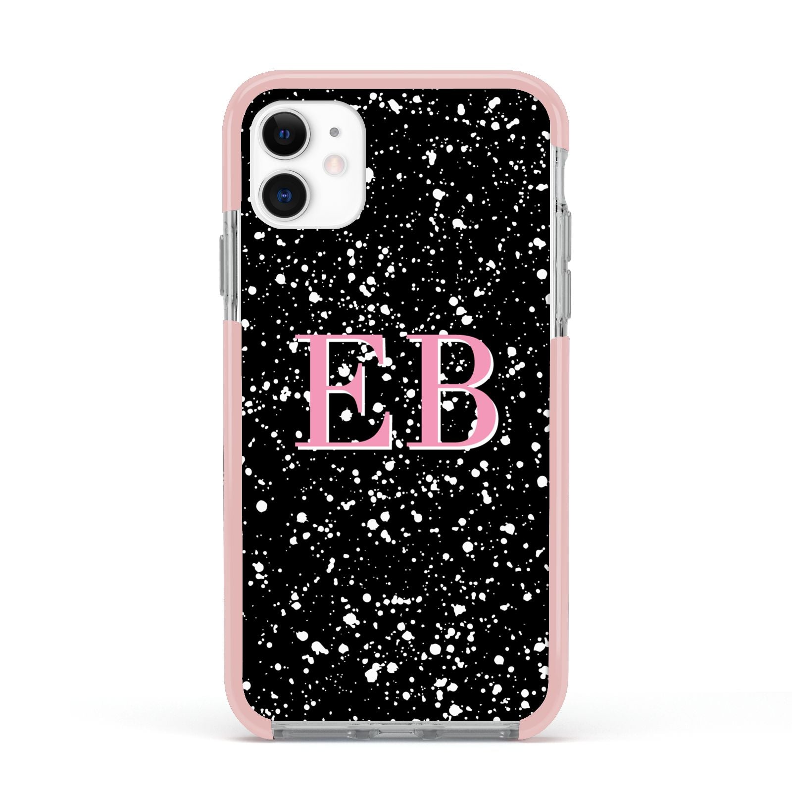 Personalised Black Ink Splat Initials Apple iPhone 11 in White with Pink Impact Case