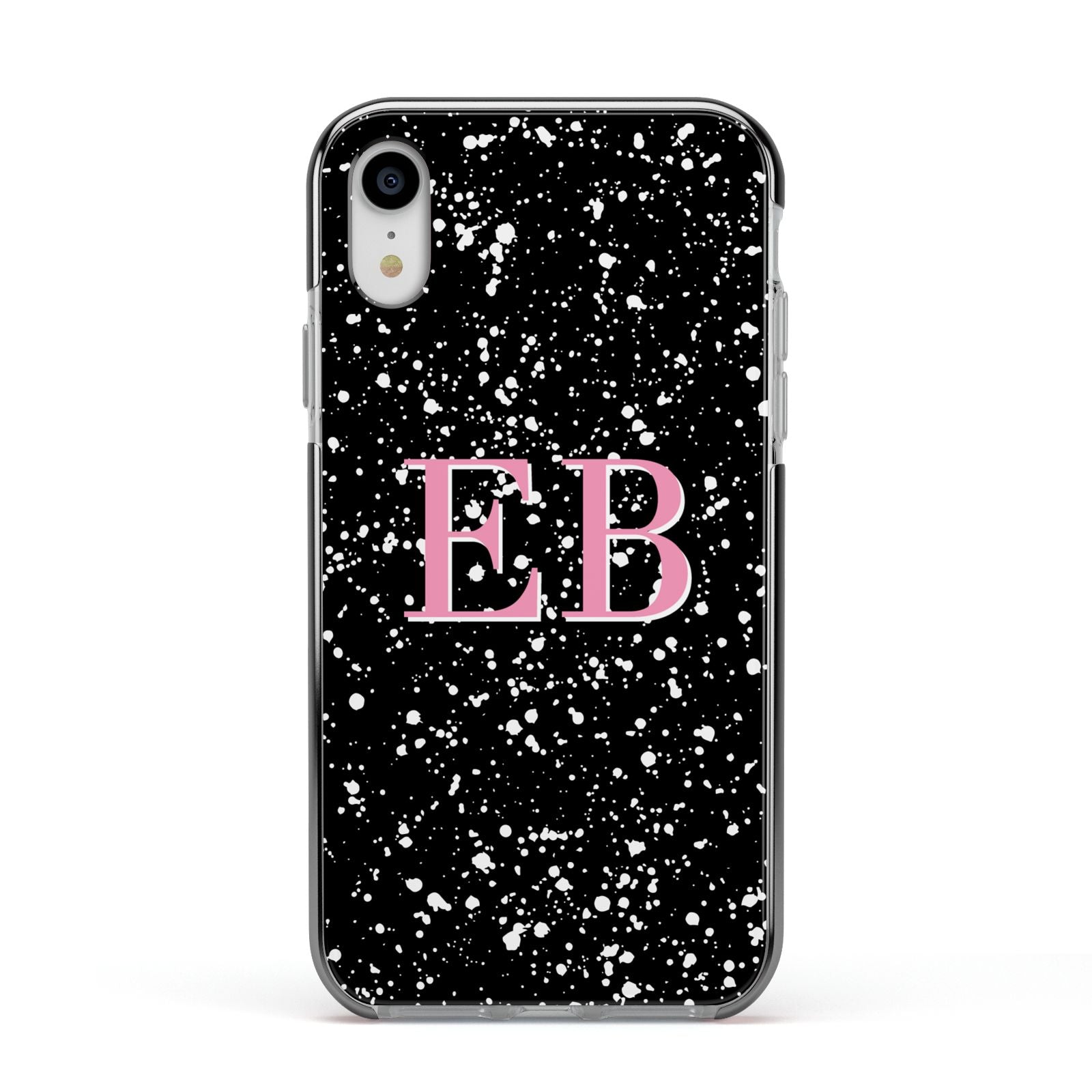 Personalised Black Ink Splat Initials Apple iPhone XR Impact Case Black Edge on Silver Phone